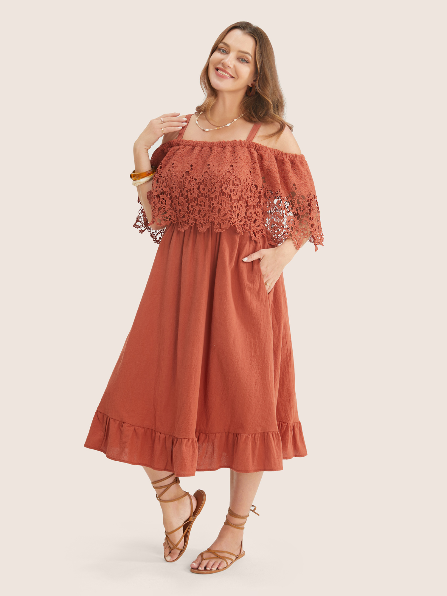 

Plus Size Solid Cold Shoulder Contrast Lace Pocket Ruffle Hem Dress Chocolate Women Broderie anglaise Non Curvy Midi Dress BloomChic