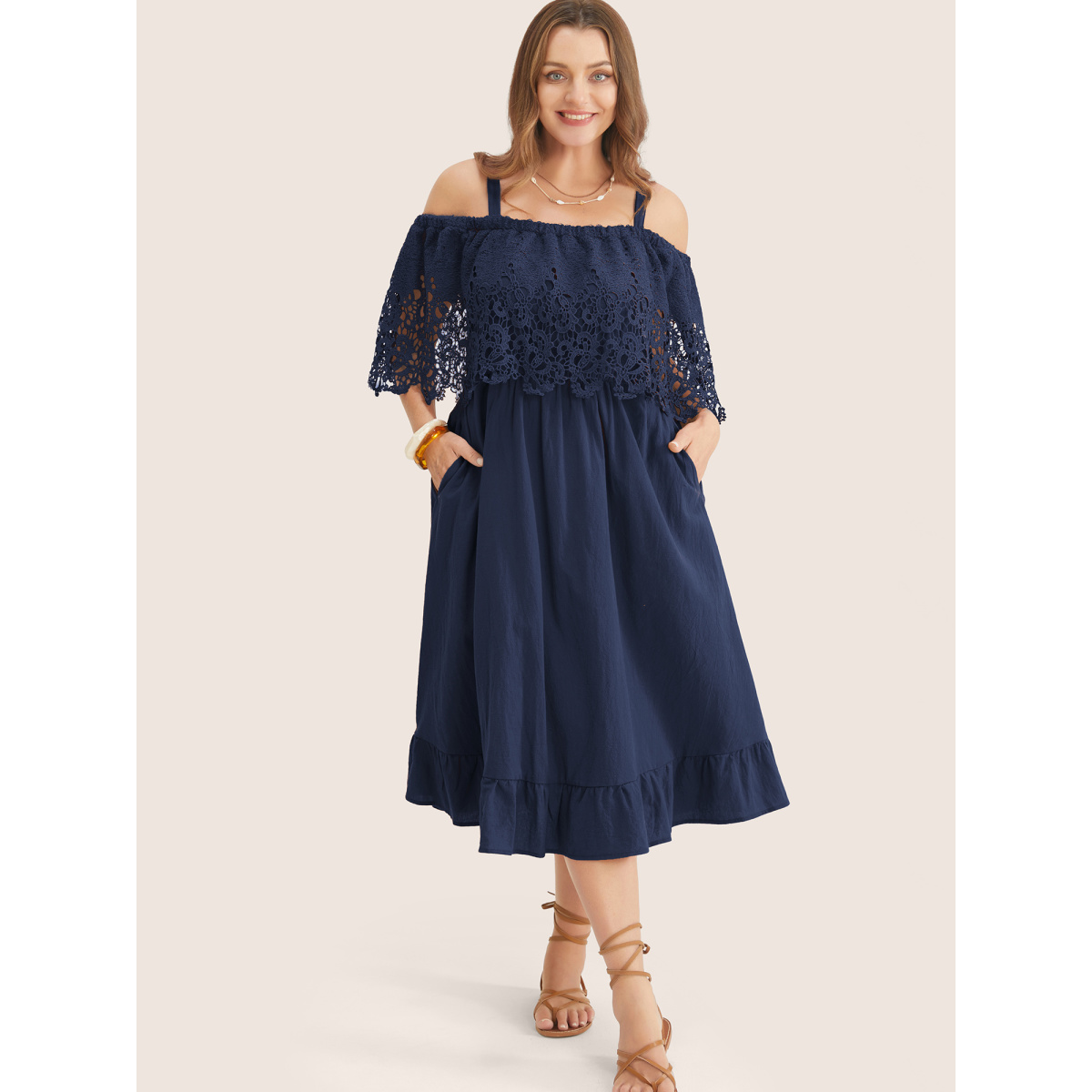 

Plus Size Solid Cold Shoulder Contrast Lace Pocket Ruffle Hem Dress Navy Women Broderie anglaise Non Curvy Midi Dress BloomChic
