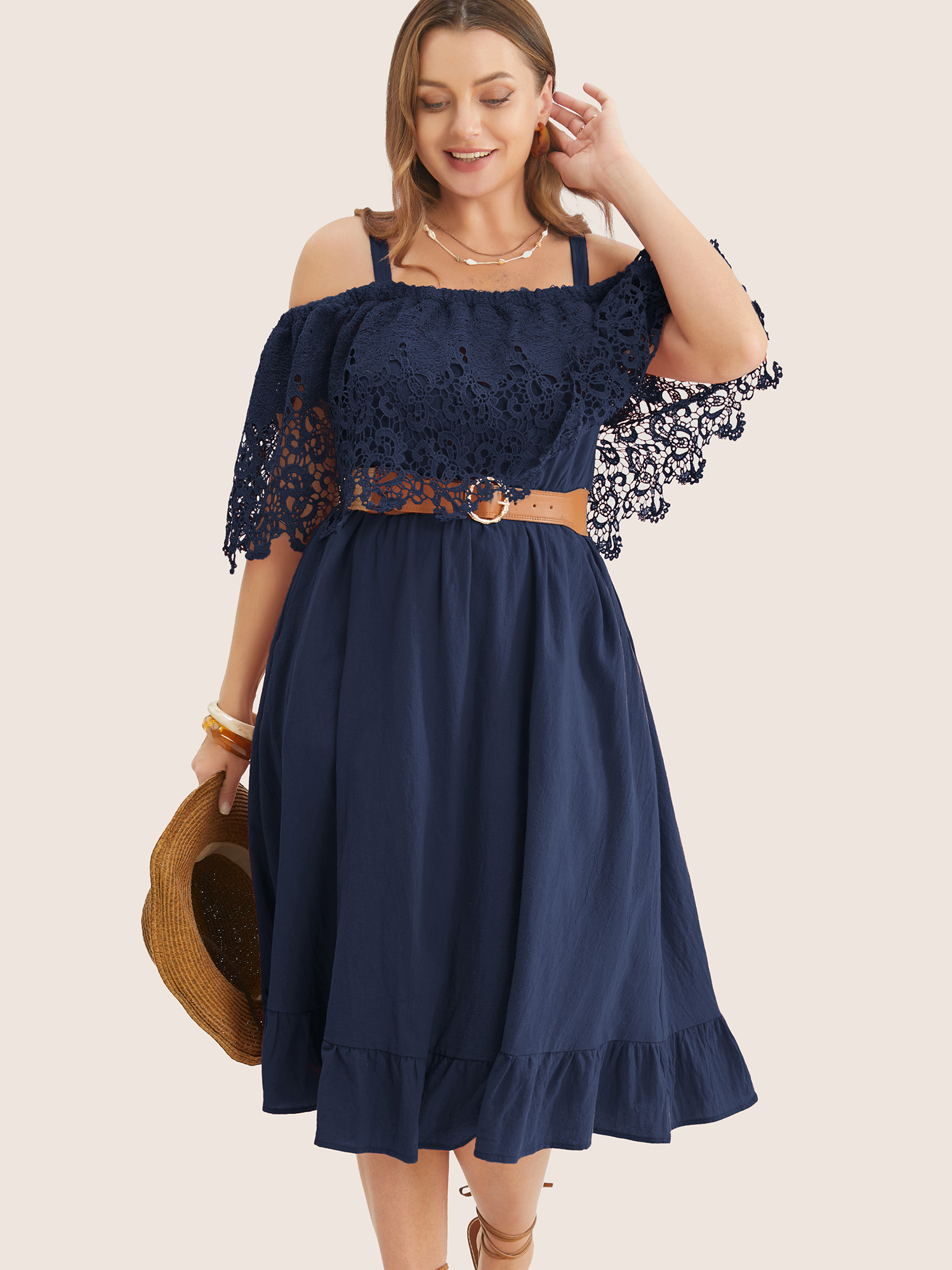 

Plus Size Solid Cold Shoulder Contrast Lace Pocket Ruffle Hem Dress Navy Women Broderie anglaise Non Curvy Midi Dress BloomChic