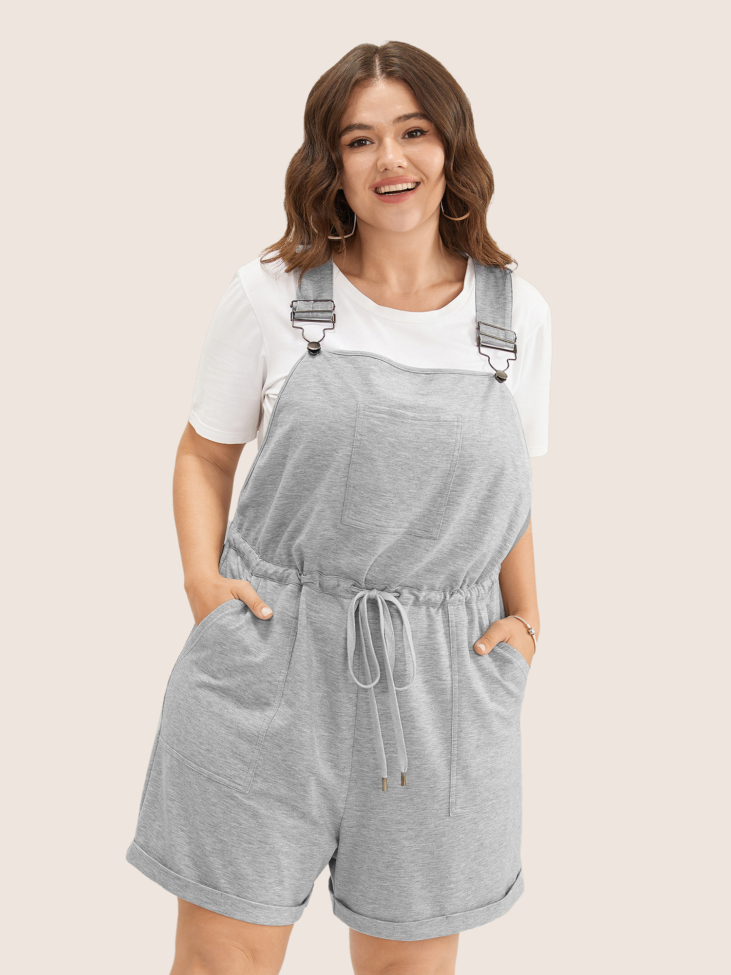 

Plus Size LightGray Solid Pocket Drawstring Overall Romper Women Casual Sleeveless Non Everyday Loose Jumpsuits BloomChic
