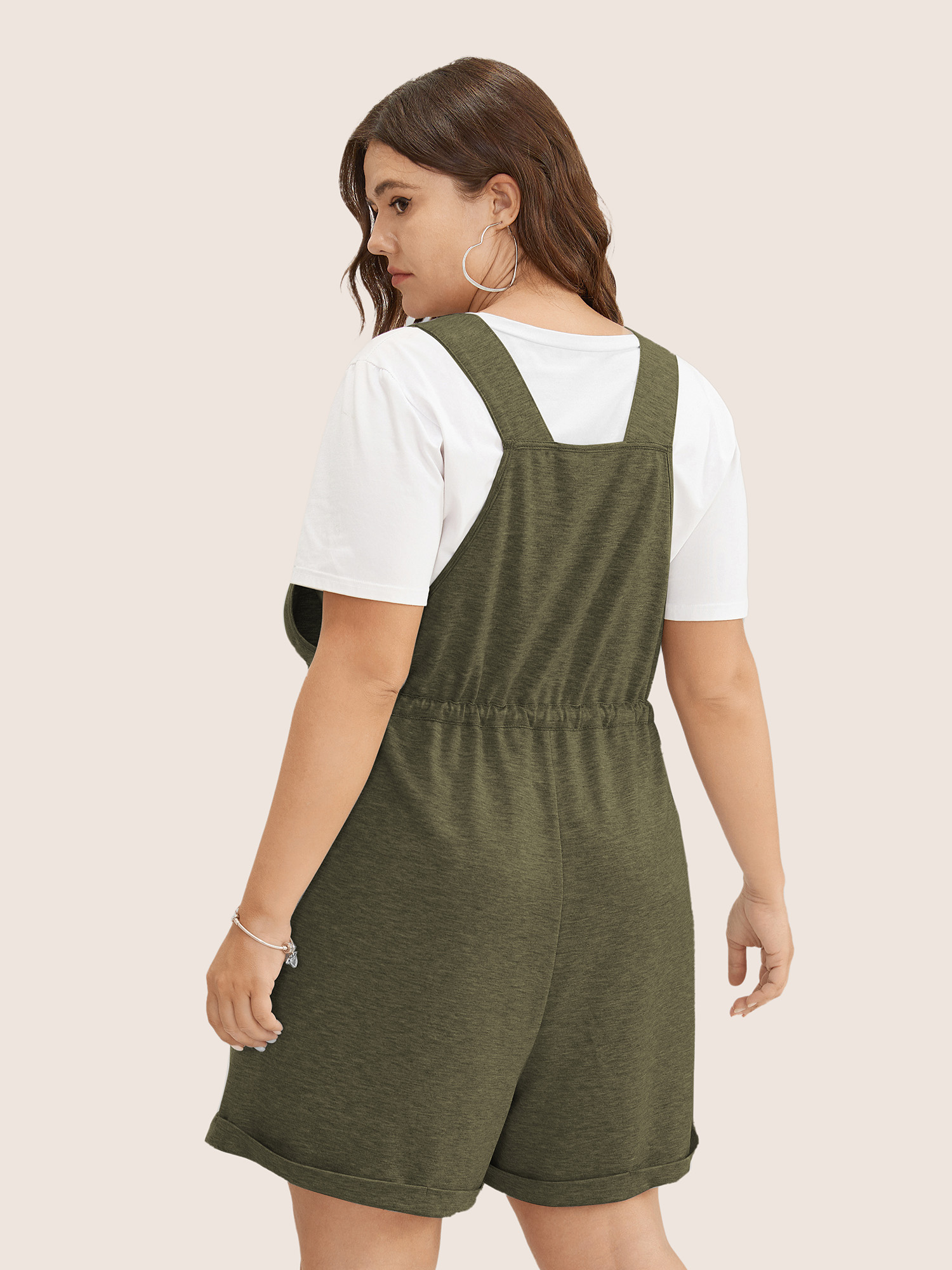 Plus Size ArmyGreen Solid Pocket Drawstring Overall Romper Women Casual Non Everyday Loose Jumpsuits BloomChic 28/5X 