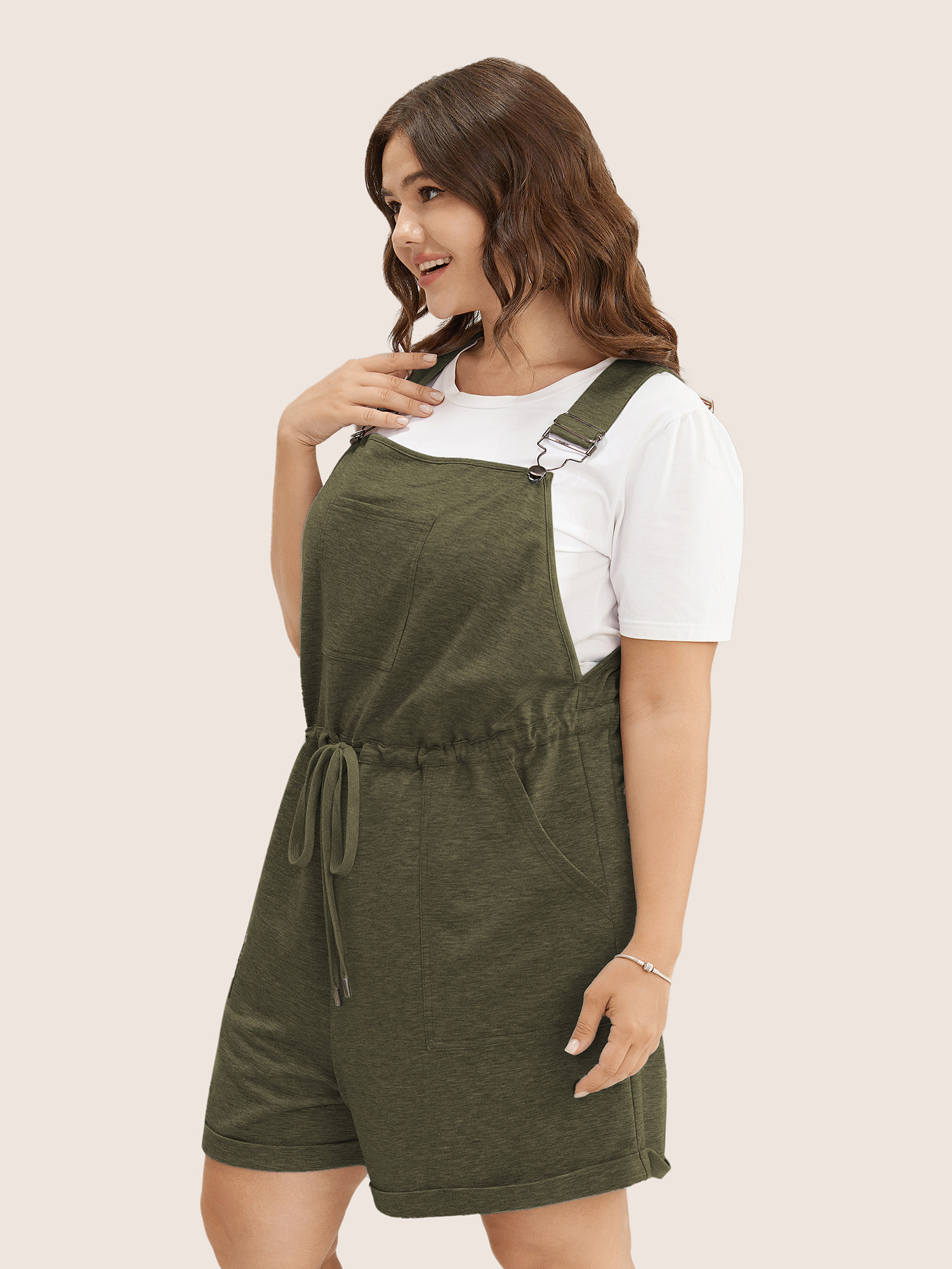

Plus Size ArmyGreen Solid Pocket Drawstring Overall Romper Women Casual Sleeveless Non Everyday Loose Jumpsuits BloomChic