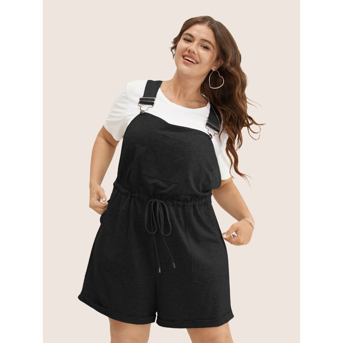 

Plus Size Black Solid Pocket Drawstring Overall Romper Women Casual Non Everyday Loose Jumpsuits BloomChic