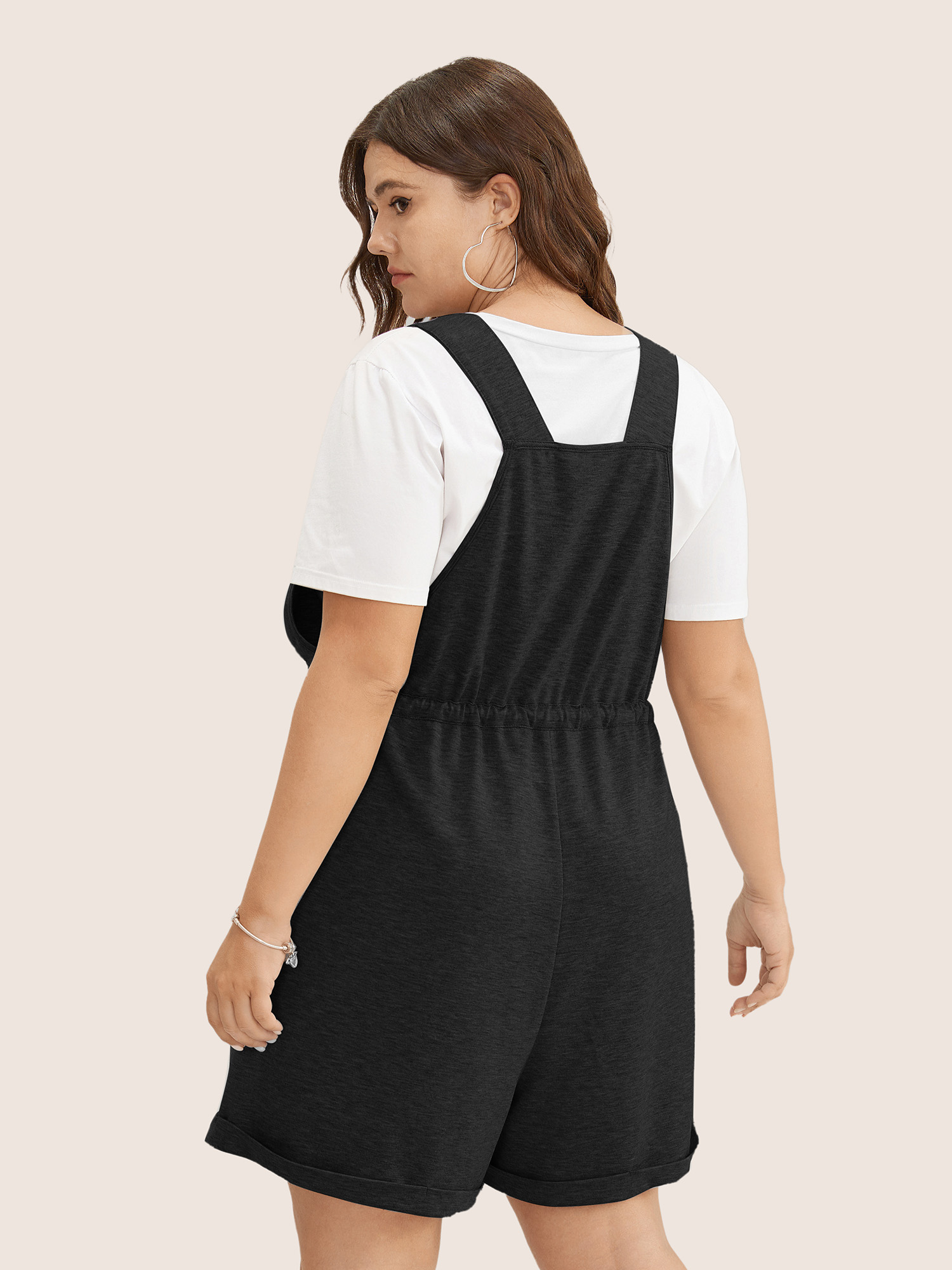 Plus Size Black Solid Pocket Drawstring Overall Romper Women Casual Non Everyday Loose Jumpsuits BloomChic 22-24/3X 