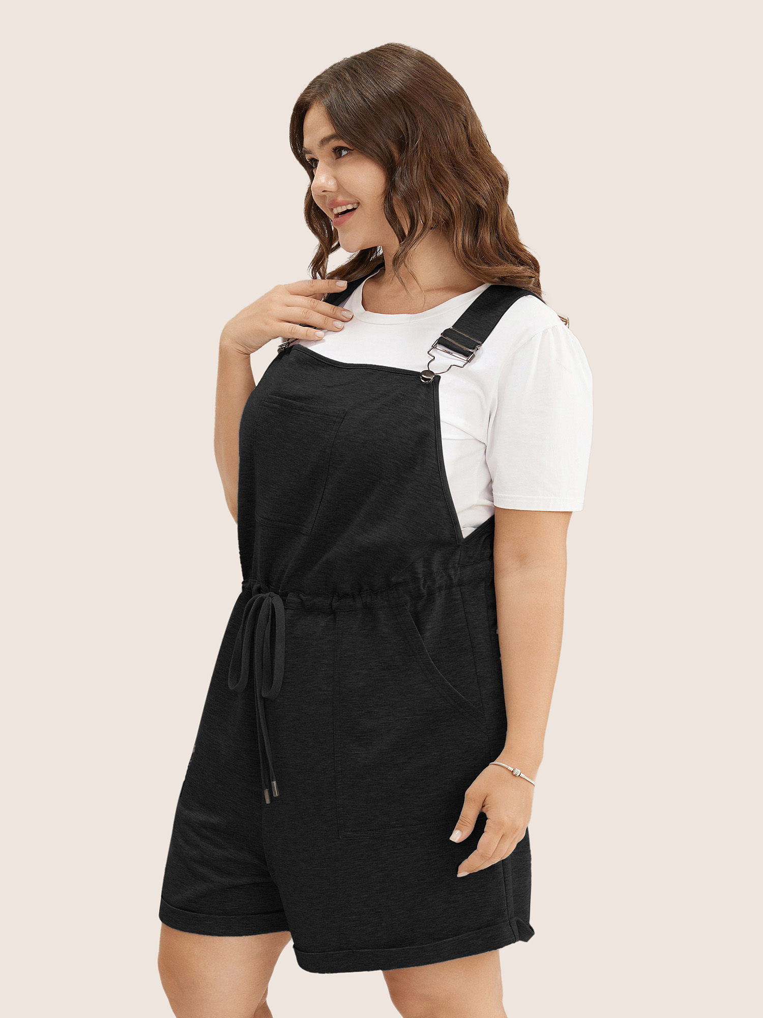 

Plus Size Black Solid Pocket Drawstring Overall Romper Women Casual Sleeveless Non Everyday Loose Jumpsuits BloomChic