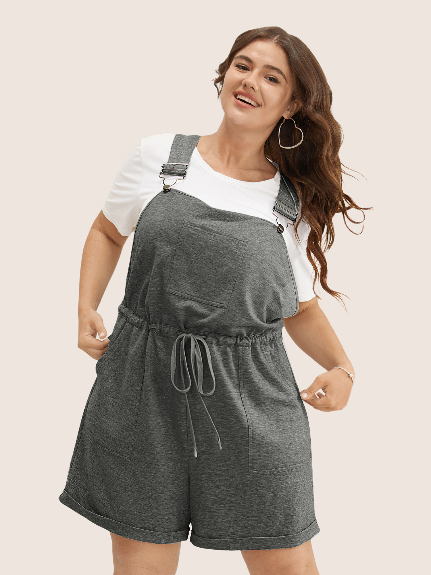 

Plus Size DimGray Solid Pocket Drawstring Overall Romper Women Casual Sleeveless Non Everyday Loose Jumpsuits BloomChic