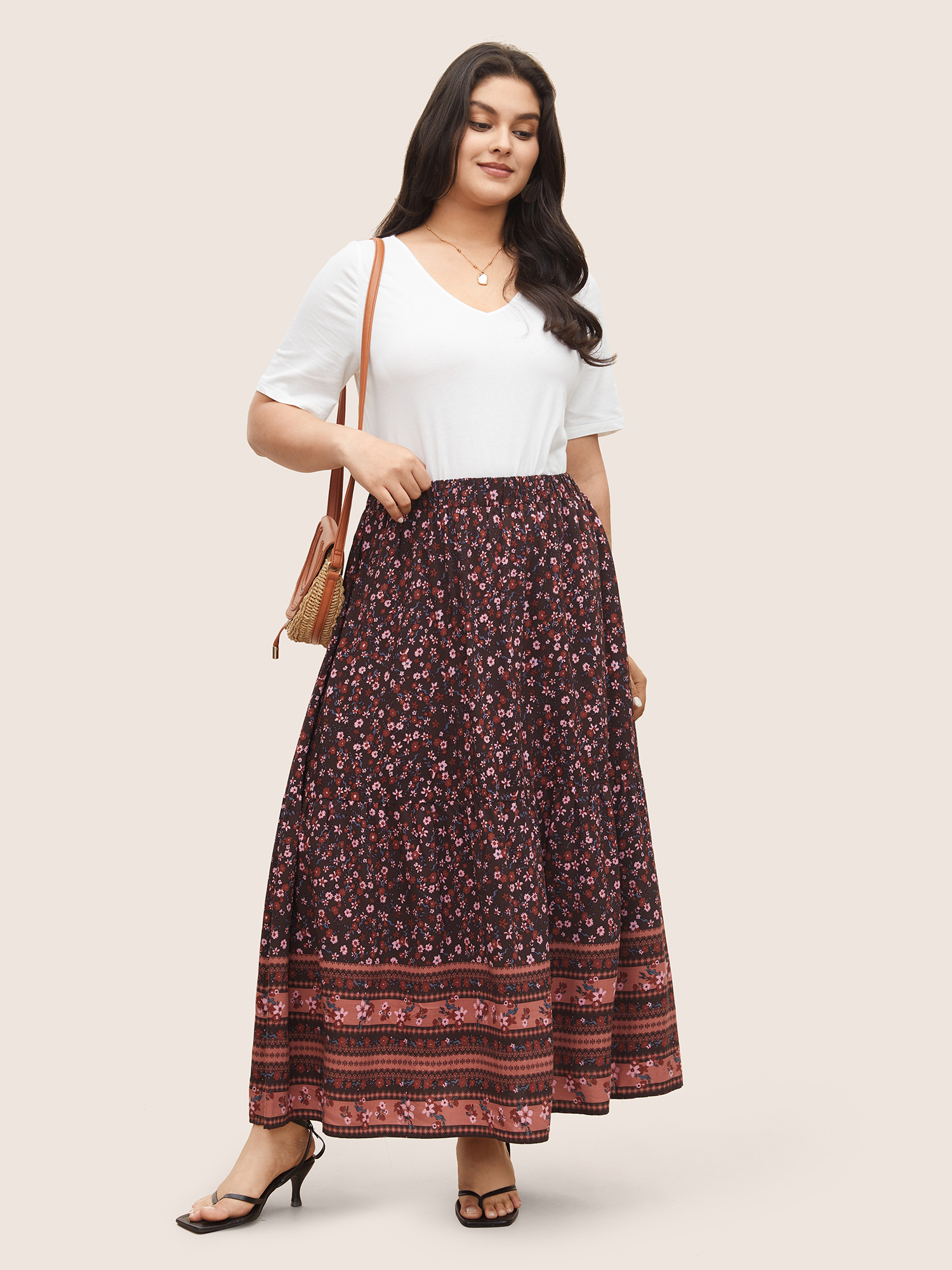 Plus Size Rayon Boho Print Elastic Waist Pocket Skirt Women Eggplant Resort Non No stretch Slanted pocket Vacation Skirts BloomChic 22-24/3X 