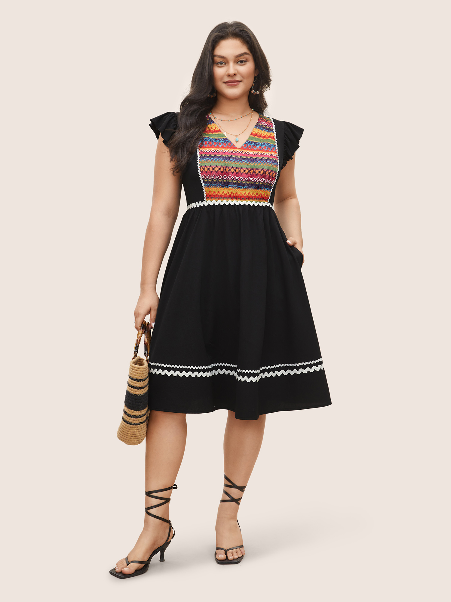 Plus Size Color Embroidered Patchwork Flounce Sleeve Dress Black Women Non V-neck Cap Sleeve Curvy Midi Dress BloomChic 14-16/1X 