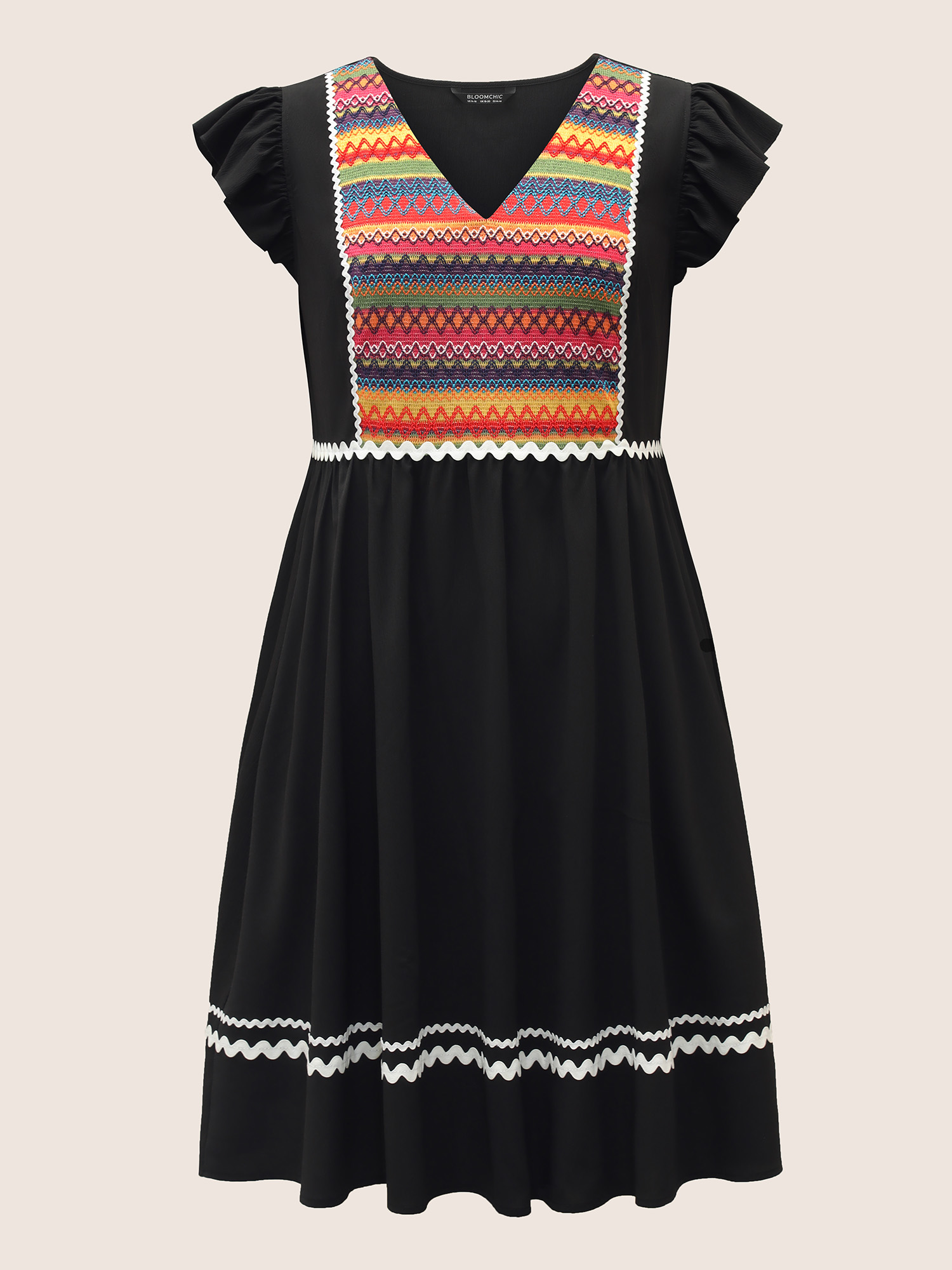 Plus Size Color Embroidered Patchwork Flounce Sleeve Dress Black Women Non V-neck Cap Sleeve Curvy Midi Dress BloomChic 14-16/1X 