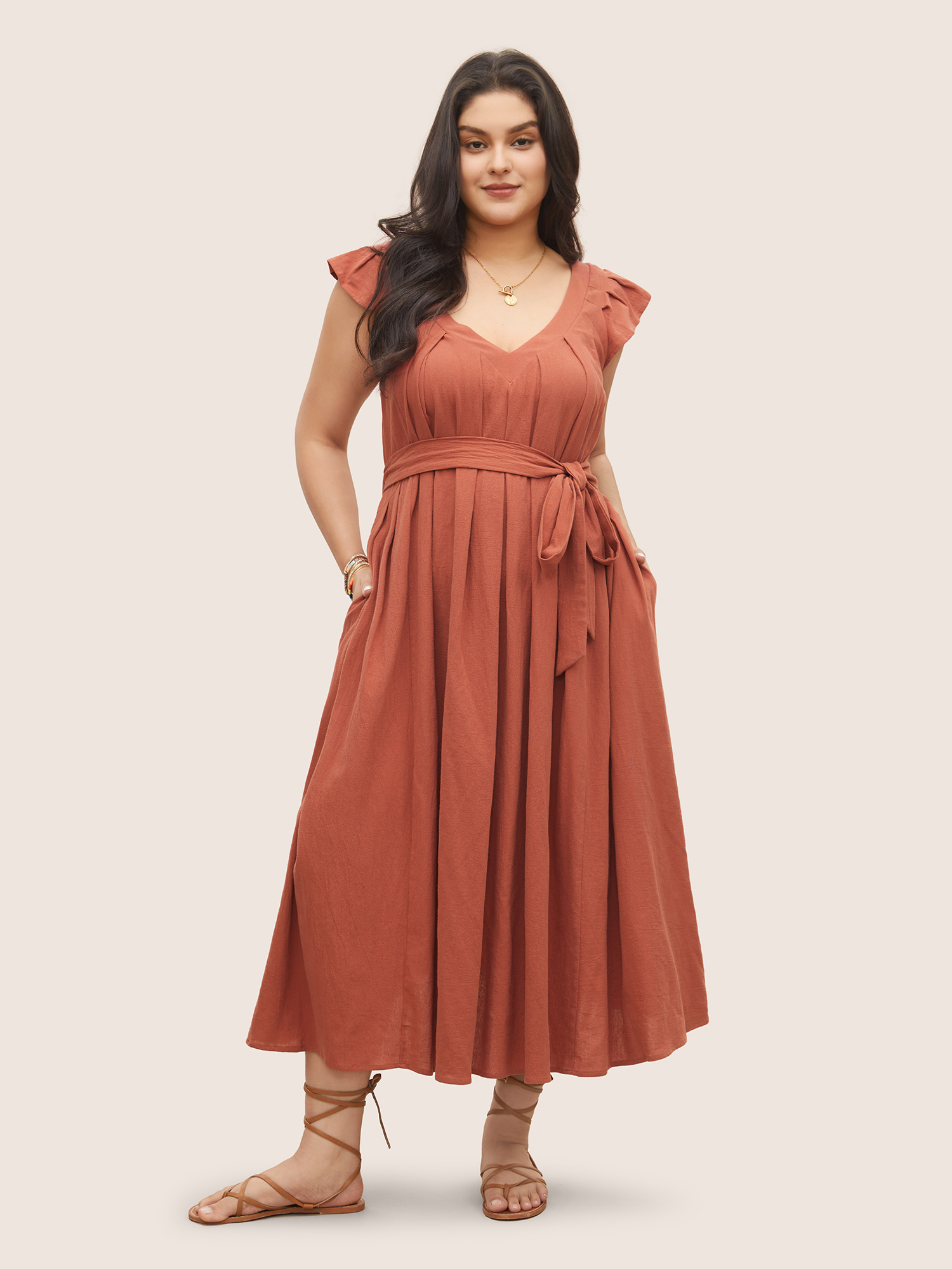 

Plus Size Solid Flounce Sleeve Plicated Detail A Line Dress Rust Women Non V-neck Cap Sleeve Curvy BloomChic