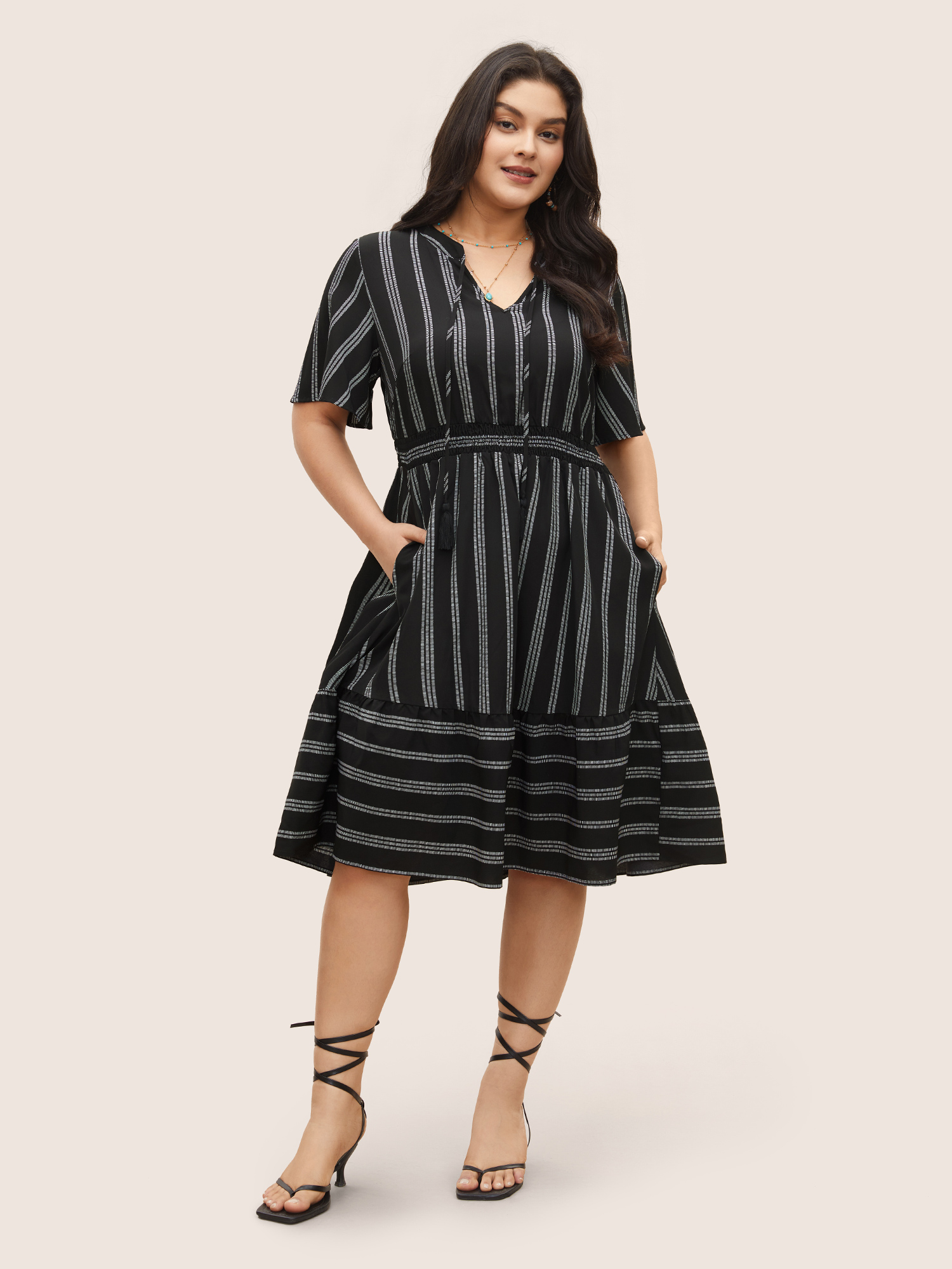 

Plus Size Striped Patchwork Tassels Ties Shirred Dress Black Women Resort Non V-neck Short sleeve Curvy Midi Dress BloomChic