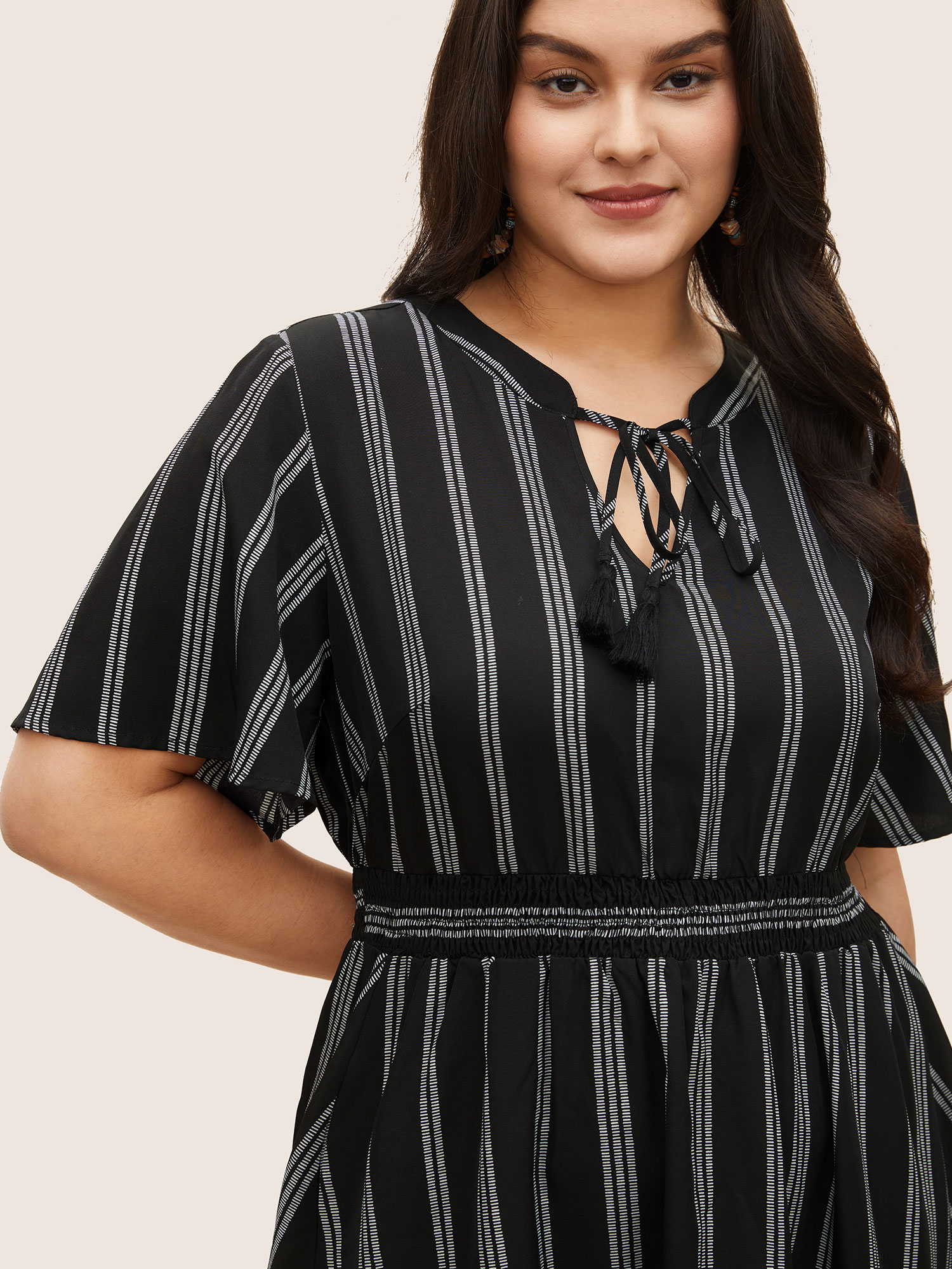 Plus Size Striped Patchwork Tassels Ties Shirred Dress Black Women Non V-neck Short sleeve Curvy Midi Dress BloomChic 14-16/1X 
