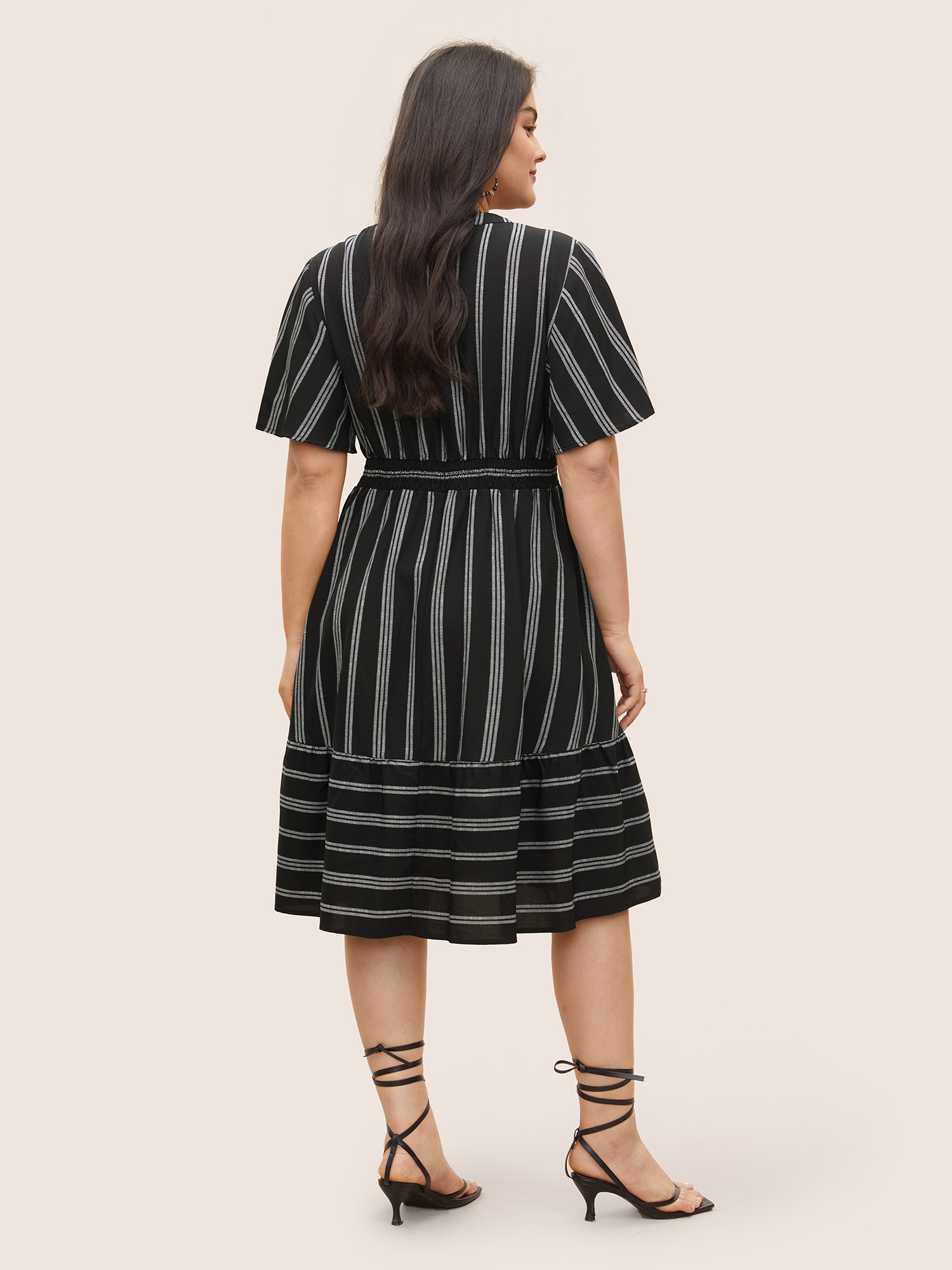 Plus Size Striped Patchwork Tassels Ties Shirred Dress Black Women Non V-neck Short sleeve Curvy Midi Dress BloomChic 14-16/1X 