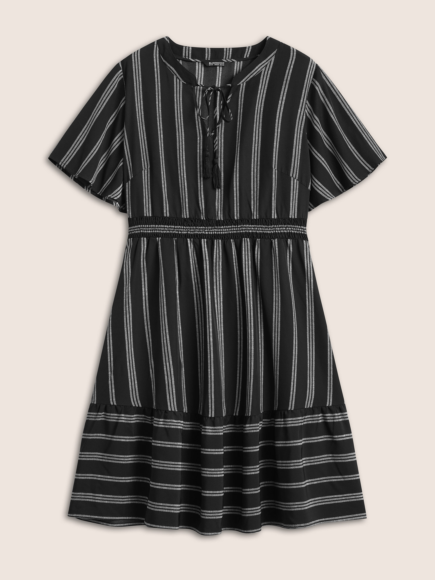 

Plus Size Striped Patchwork Tassels Ties Shirred Dress Black Women Non V-neck Short sleeve Curvy Midi Dress BloomChic