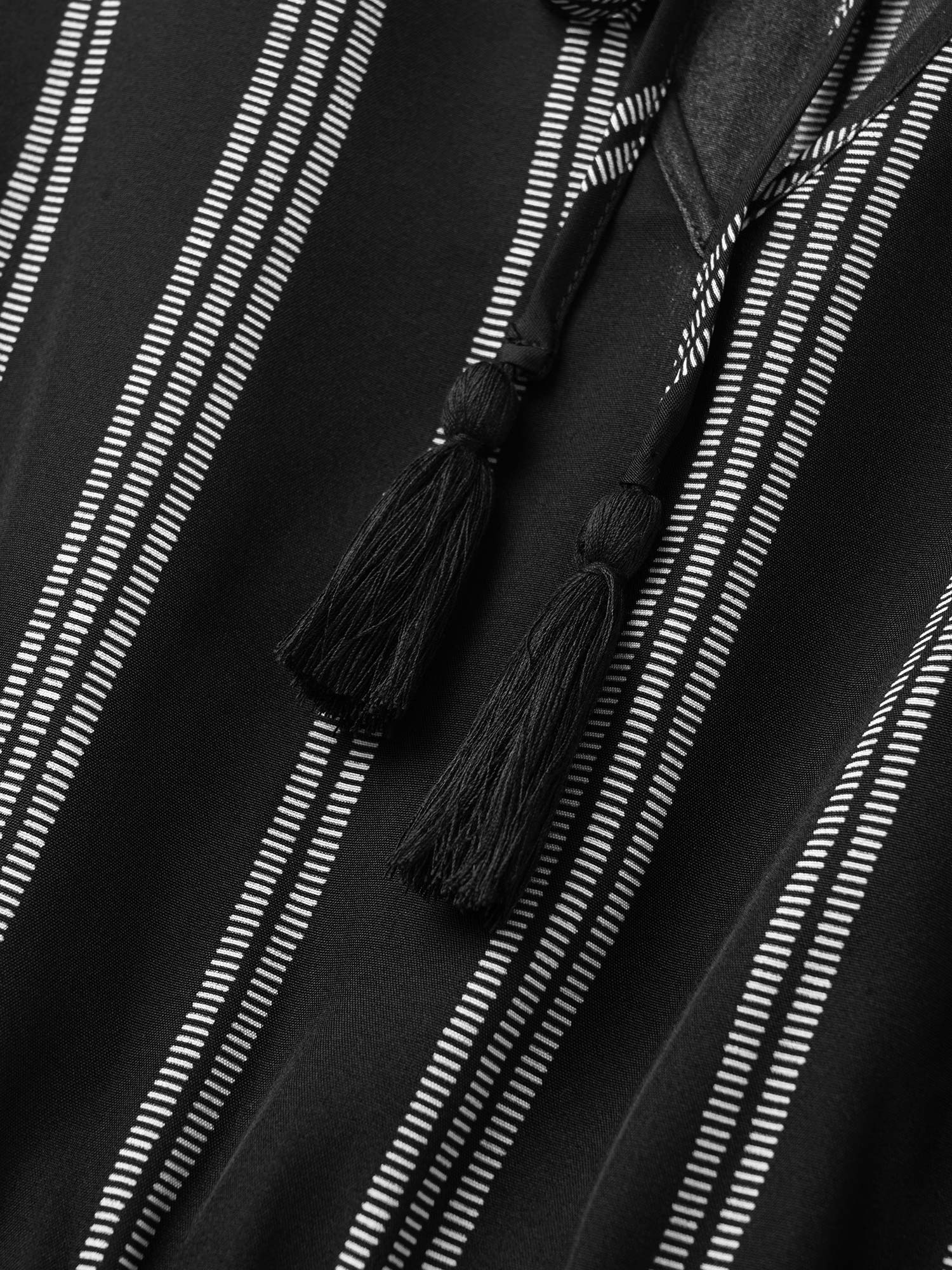 Plus Size Striped Patchwork Tassels Ties Shirred Dress Black Women Non V-neck Short sleeve Curvy Midi Dress BloomChic 14-16/1X 