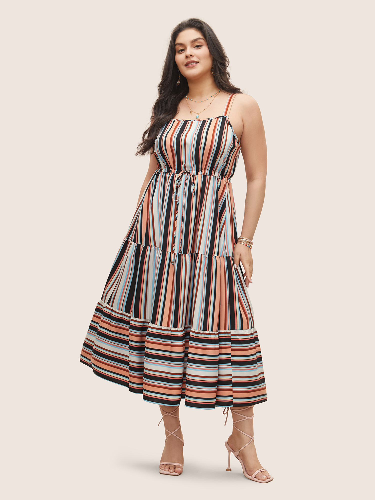 

Plus Size Color Striped Drawstring Ruffle Hem Dress Multicolor Women Resort Non Non Sleeveless Curvy Midi Dress BloomChic