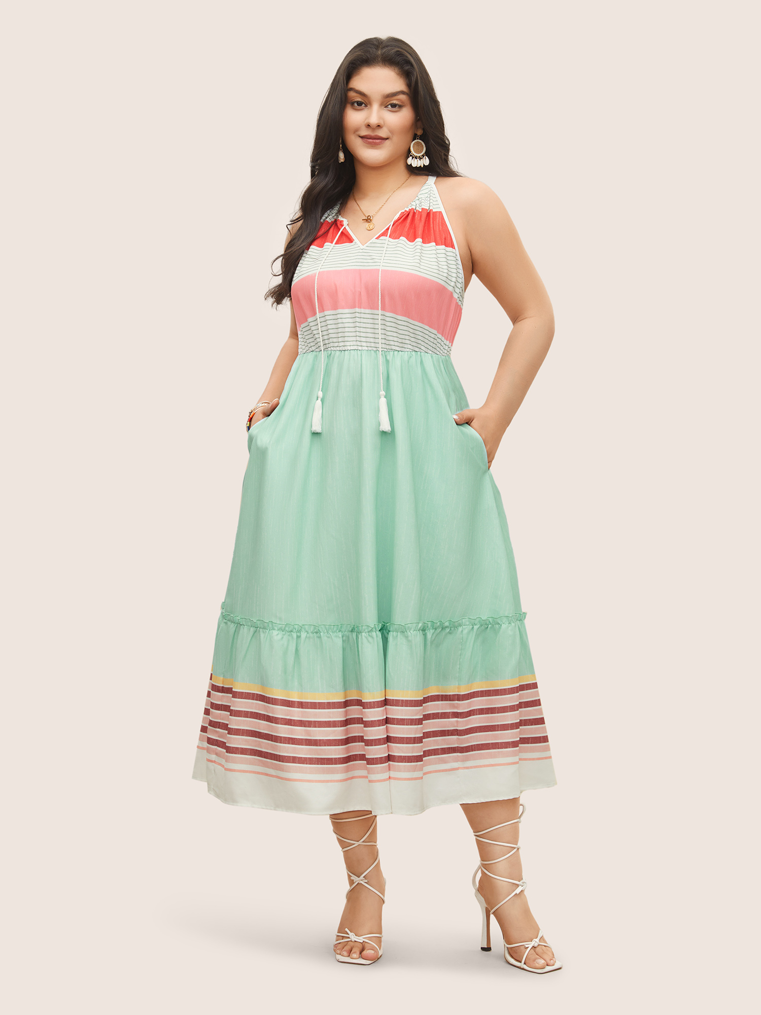 Plus Size Striped Contrast Drawstring Knot Ties Dress Multicolor Women Resort Non V-neck Sleeveless Curvy Midi Dress BloomChic 18-20/2X 
