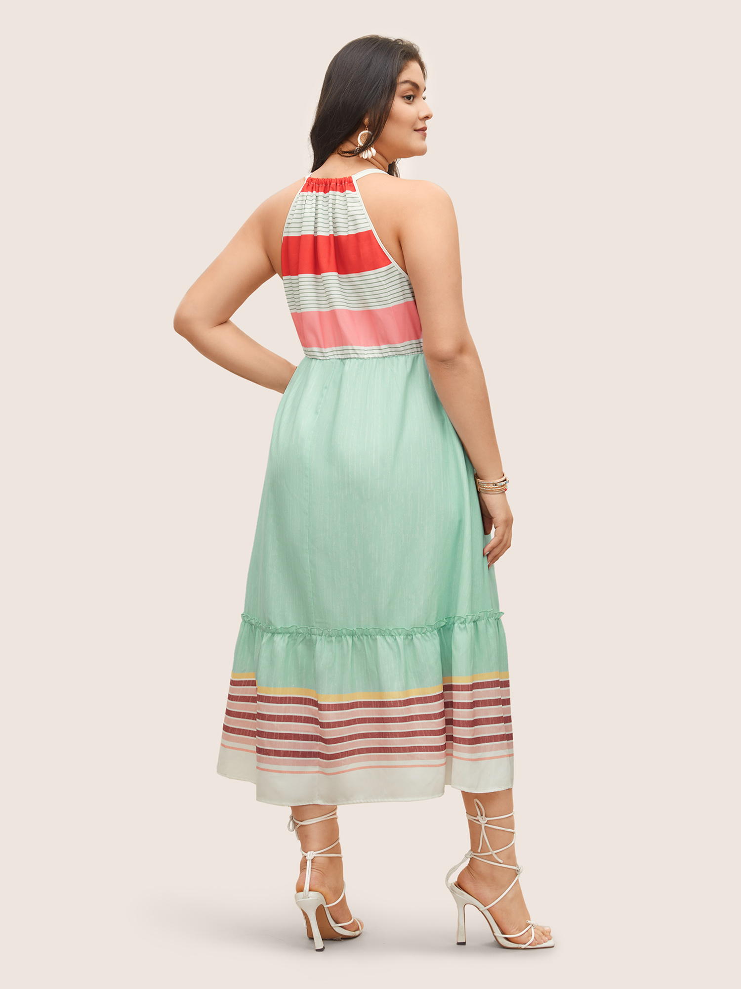 Plus Size Striped Contrast Drawstring Knot Ties Dress Multicolor Women Resort Non V-neck Sleeveless Curvy Midi Dress BloomChic 18-20/2X 