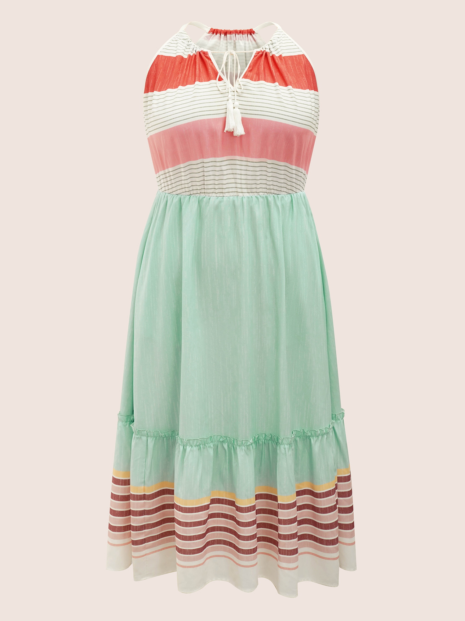 Plus Size Striped Contrast Drawstring Knot Ties Dress Multicolor Women Resort Non V-neck Sleeveless Curvy Midi Dress BloomChic 18-20/2X 