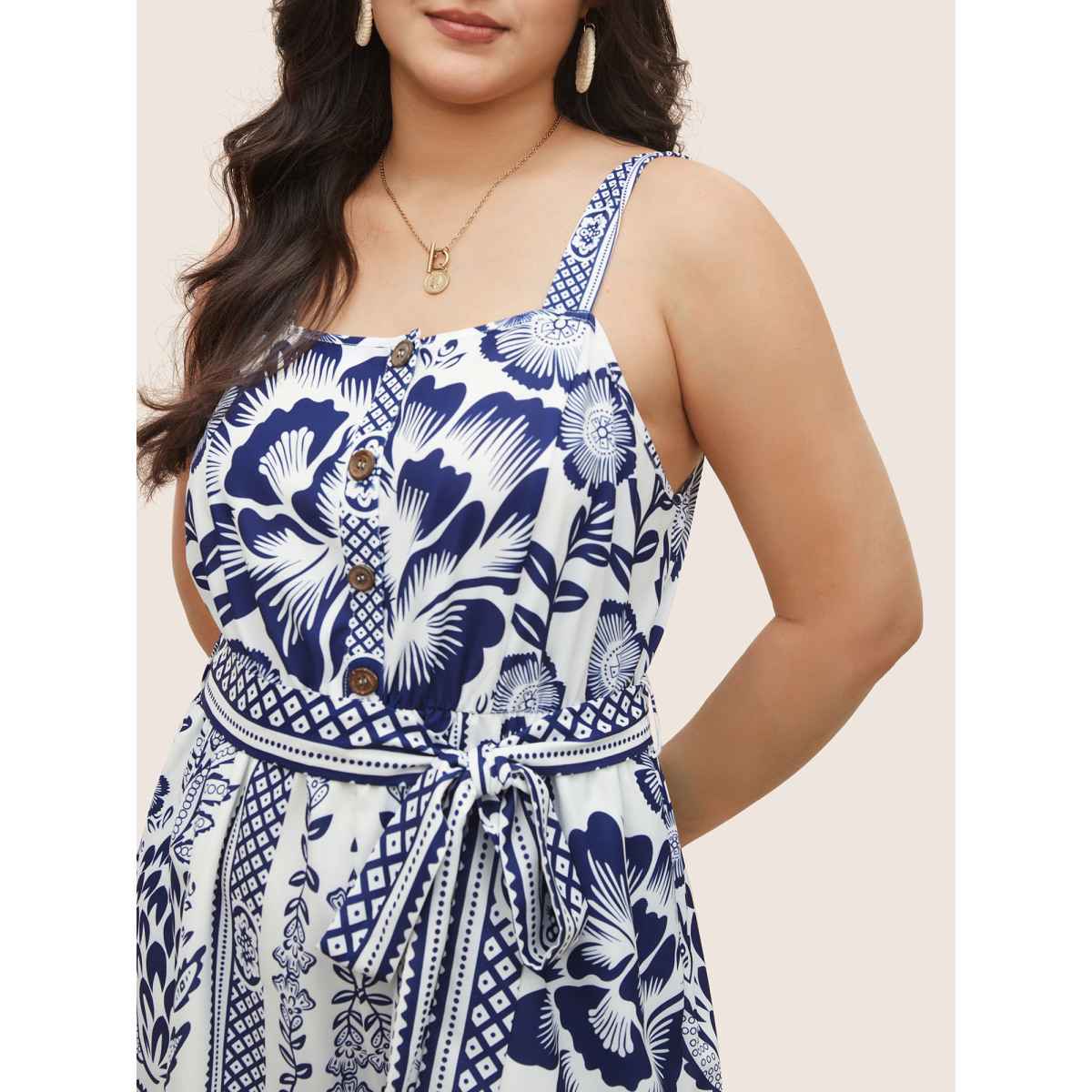 

Plus Size Boho Print Belted Button Detail Romper Blue Bohemian Print Side seam pocket Resort Vacation  Rompers Bloomchic