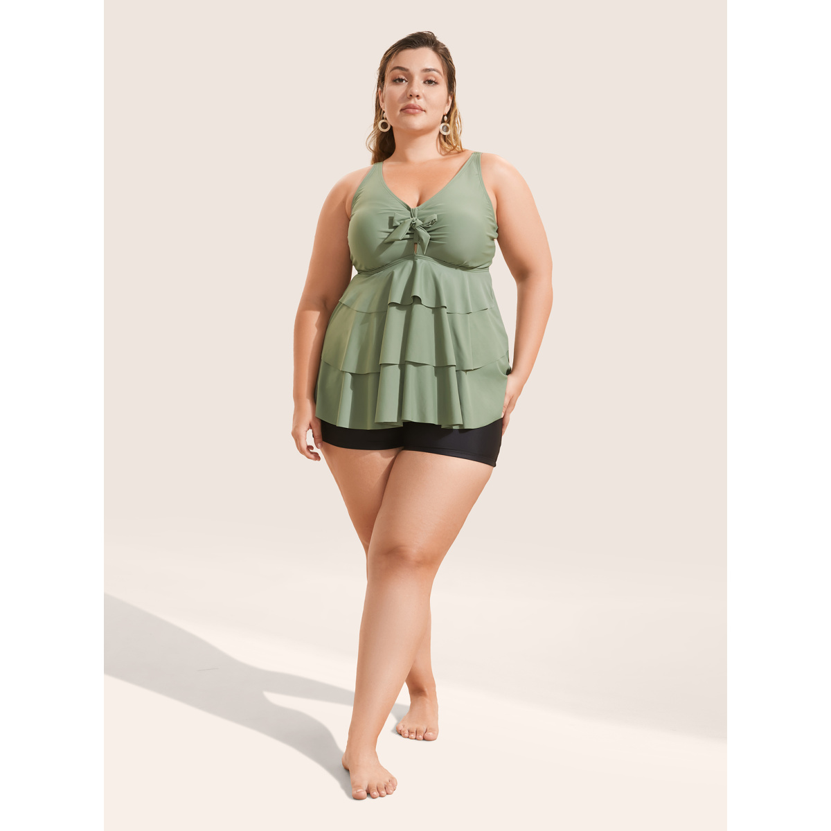 

Plus Size Knotted Front Ruffle Tiered Tankini Top Women's Swimwear ArmyGreen Beach Ruffles High stretch Bodycon V-neck Curve Swim Tops BloomChic