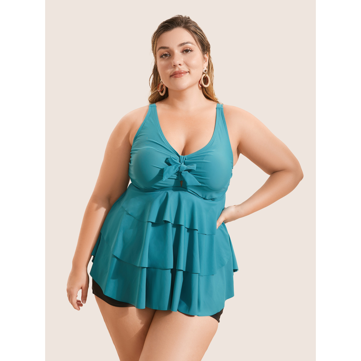 

Plus Size Knotted Front Ruffle Tiered Tankini Top Women's Swimwear Turquoise Beach Ruffles High stretch Bodycon V-neck Curve Swim Tops BloomChic
