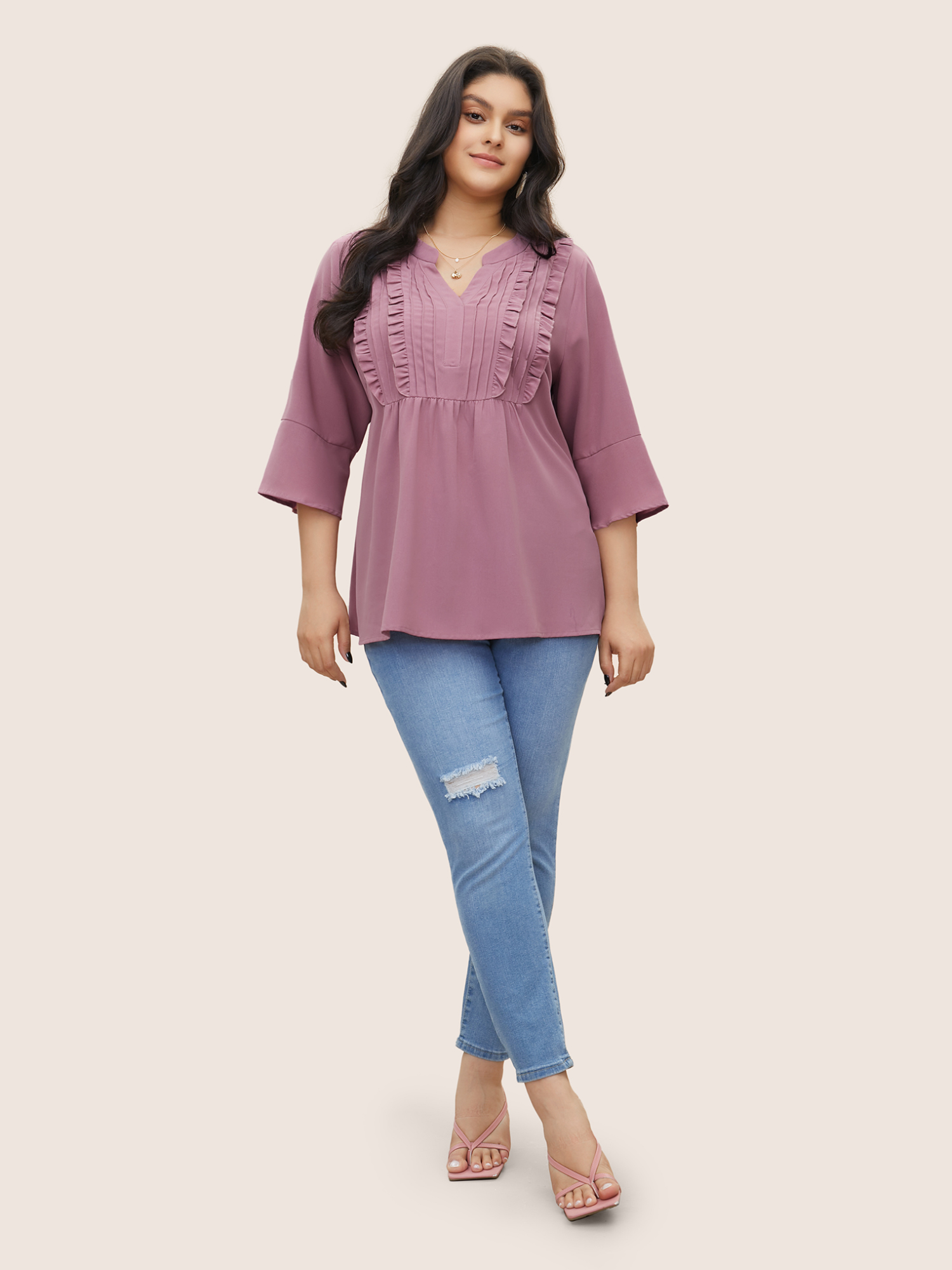 

Plus Size DustyPink Solid Notched Ruffles Pleated Blouse Women Elegant Elbow-length sleeve Notched collar Everyday Blouses BloomChic