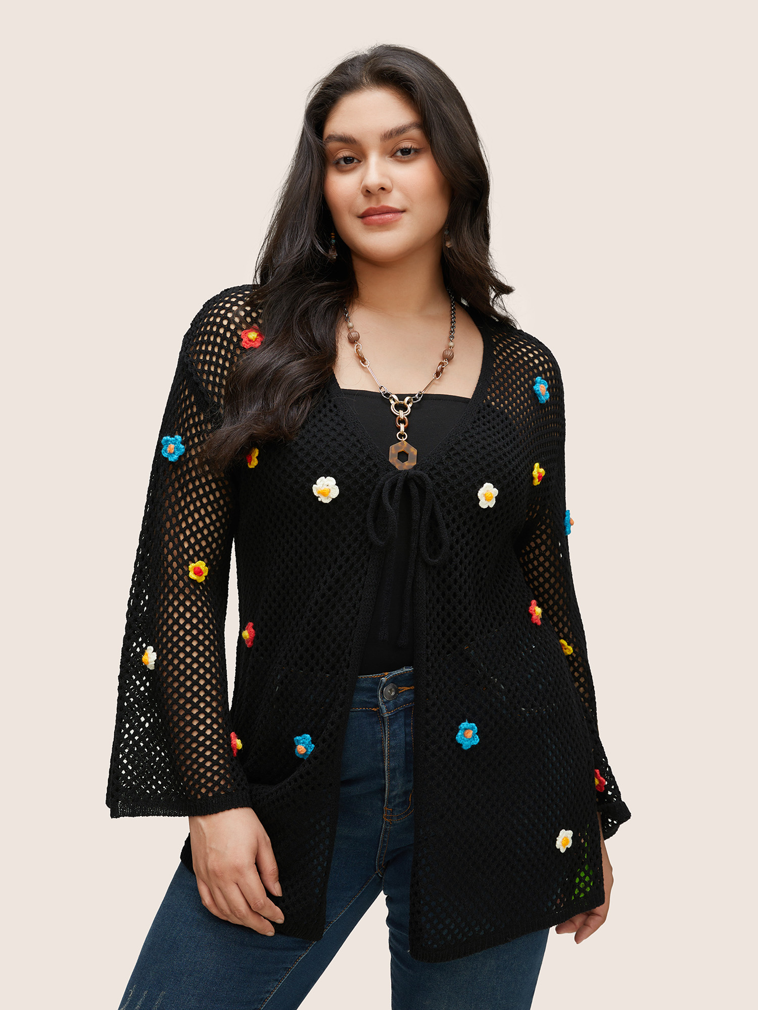 

Stereo Flower Design Cut Out Ties Cardigan, Black