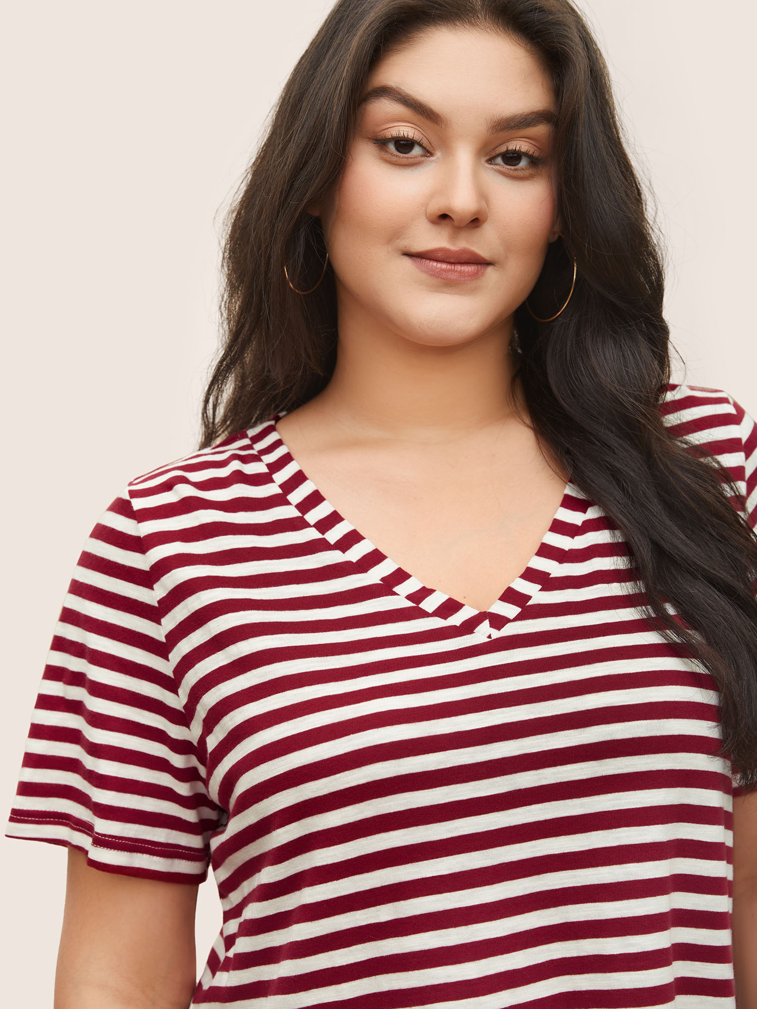 Plus Size Cotton Contrast Striped V Neck T-shirt Scarlet Women Casual Contrast Striped V-neck Everyday T-shirts BloomChic 18-20/2X 