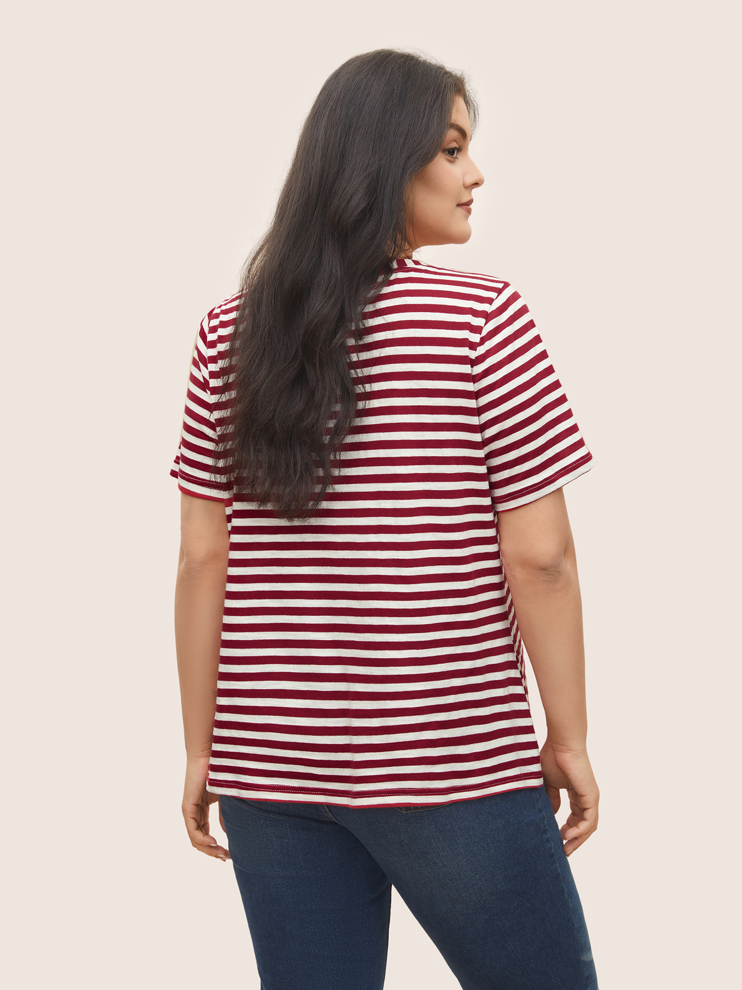 Plus Size Cotton Contrast Striped V Neck T-shirt Scarlet Women Casual Contrast Striped V-neck Everyday T-shirts BloomChic 18-20/2X 