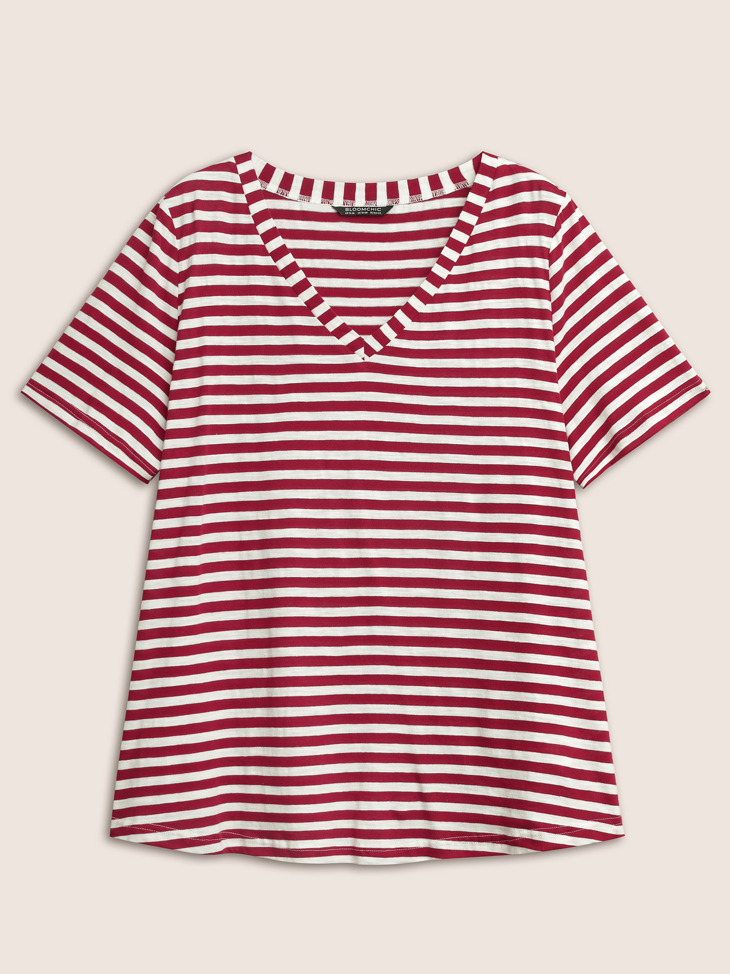 Plus Size Cotton Contrast Striped V Neck T-shirt Scarlet Women Casual Contrast Striped V-neck Everyday T-shirts BloomChic 18-20/2X 