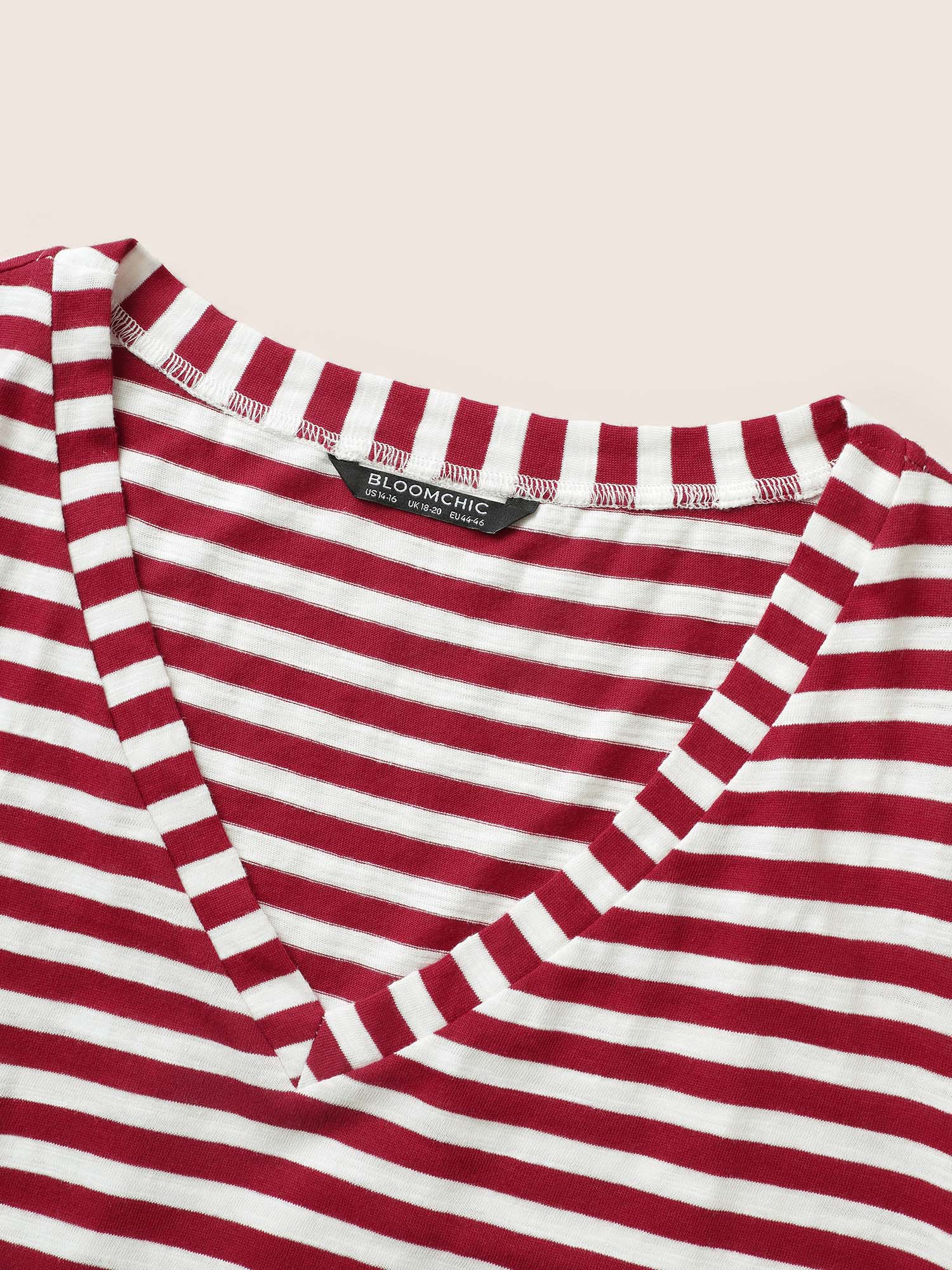 Plus Size Cotton Contrast Striped V Neck T-shirt Scarlet Women Casual Contrast Striped V-neck Everyday T-shirts BloomChic 18-20/2X 