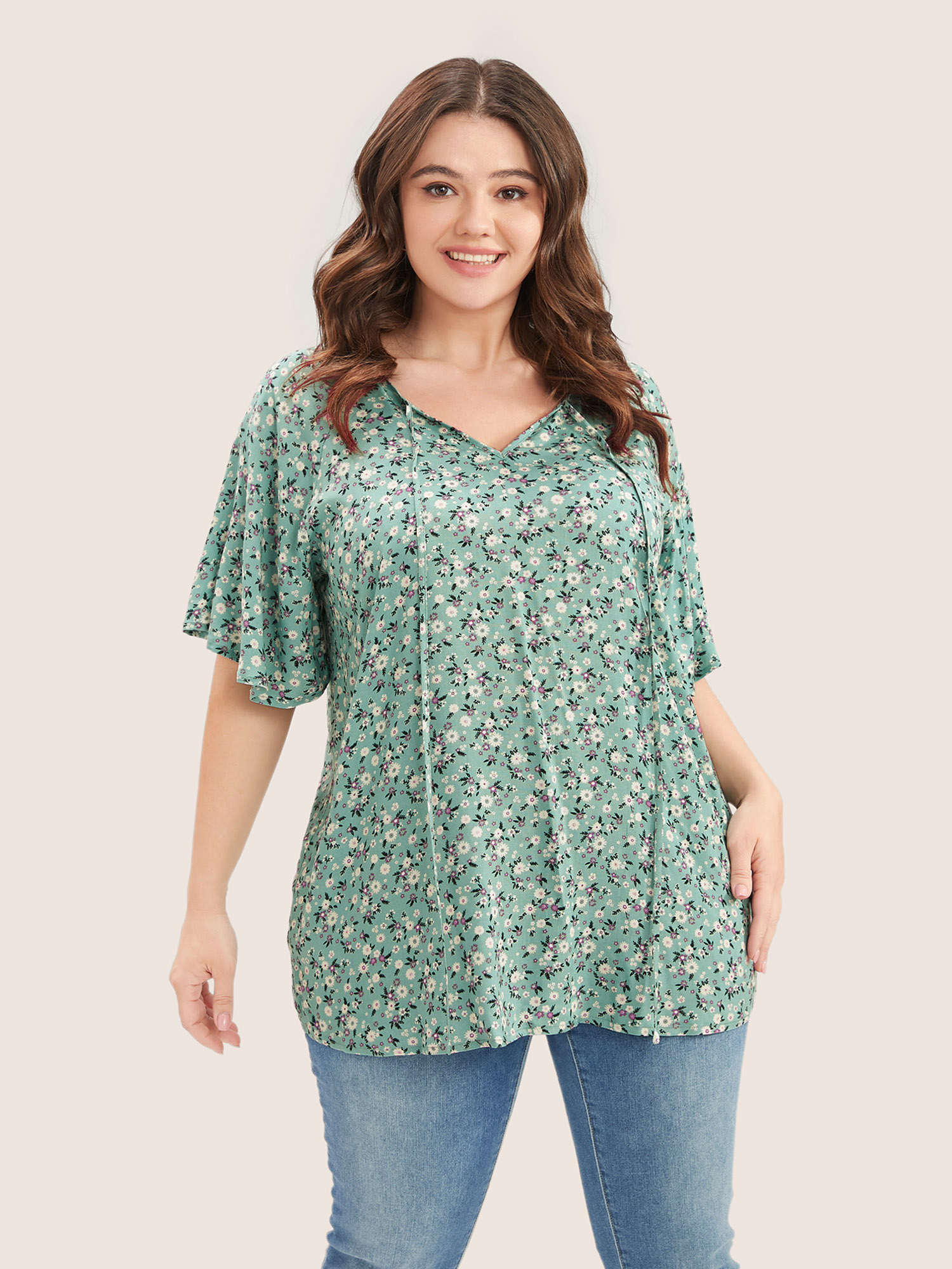 Plus Size Emerald Ditsy Floral Ruffle Sleeve Tie Neck Blouse Women Elegant Short sleeve V-neck Everyday Blouses BloomChic 30/6X 