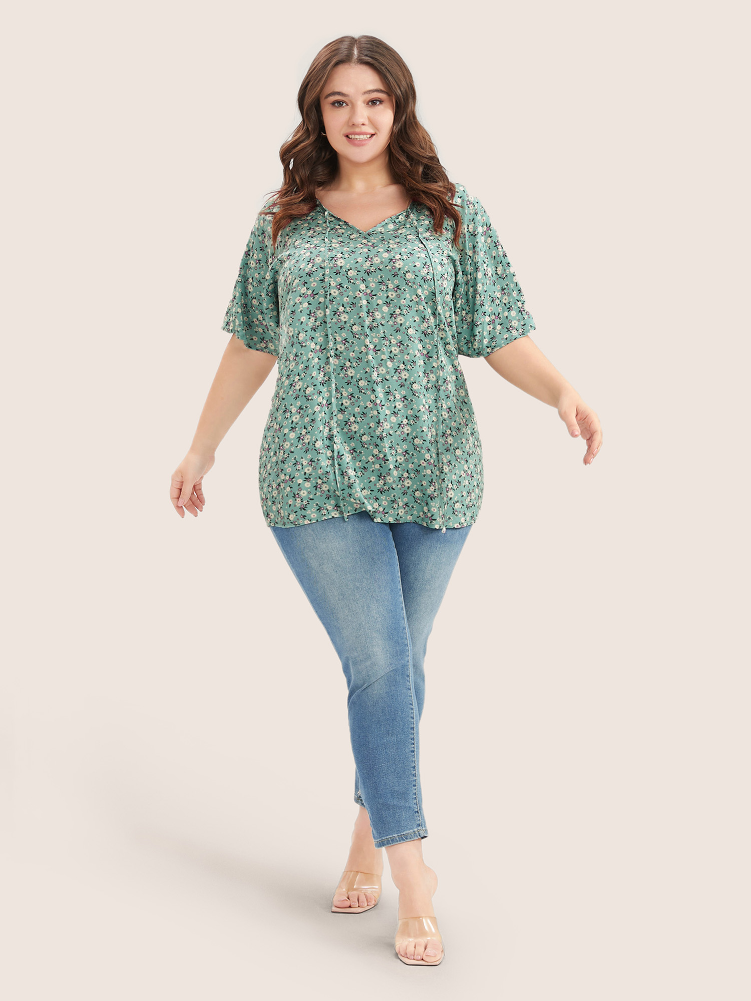 Plus Size Emerald Ditsy Floral Ruffle Sleeve Tie Neck Blouse Women Elegant Short sleeve V-neck Everyday Blouses BloomChic 30/6X 