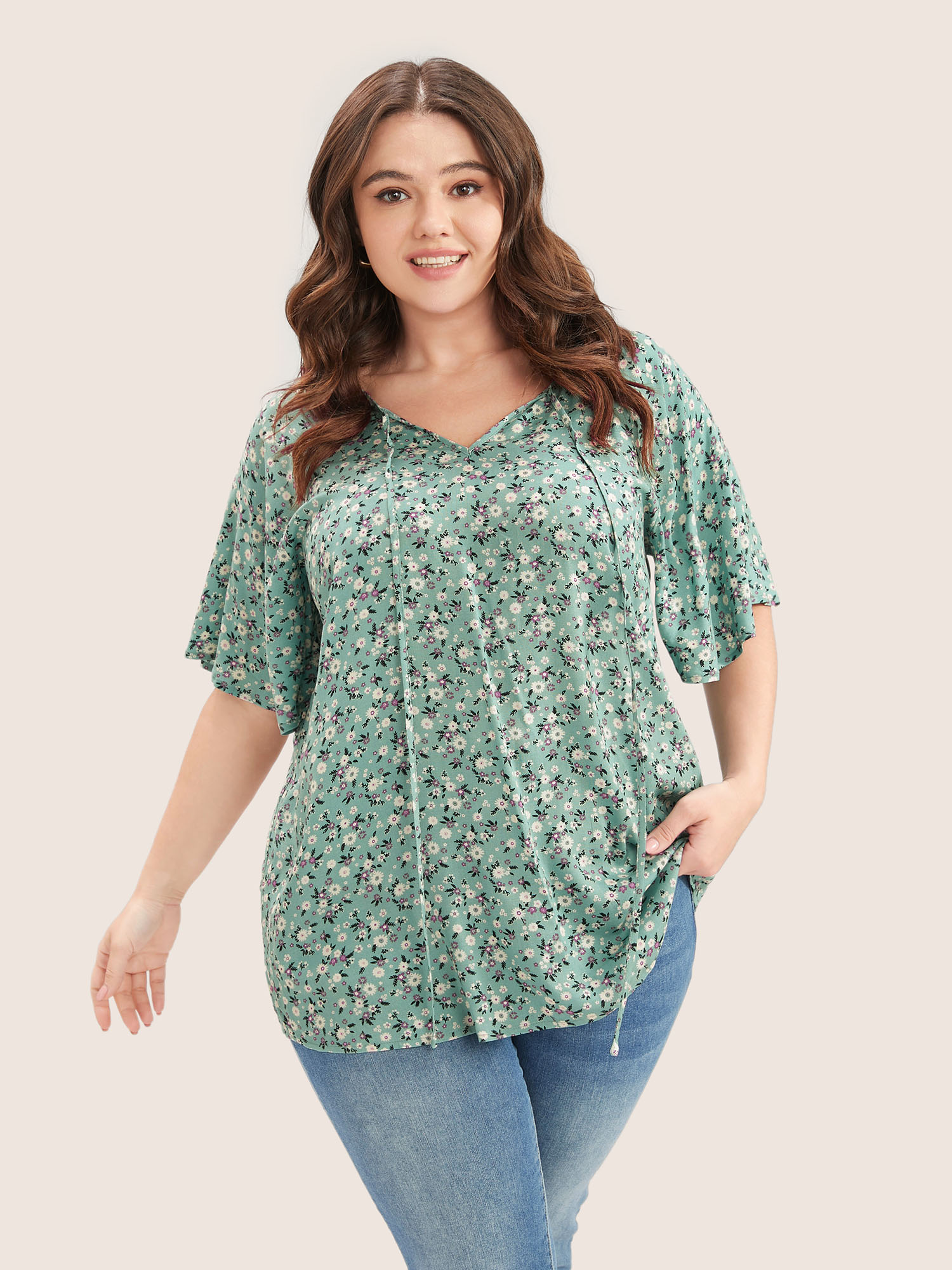 Plus Size Emerald Ditsy Floral Ruffle Sleeve Tie Neck Blouse Women Elegant Short sleeve V-neck Everyday Blouses BloomChic 30/6X 