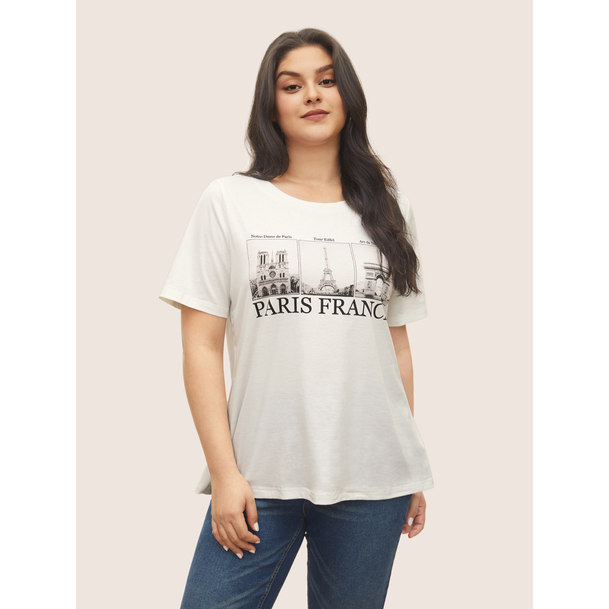 

Plus Size City Print Round Neck T-shirt White Women Casual Non Area Round Neck Everyday T-shirts BloomChic