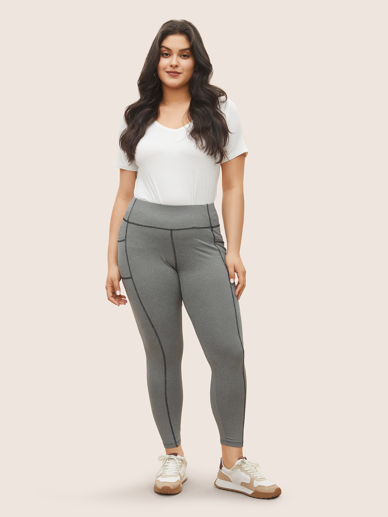 

Plus Size Contrast Trim Side Pocket High Rise Leggings Women Gray Casual High stretch High Rise Everyday Leggings BloomChic
