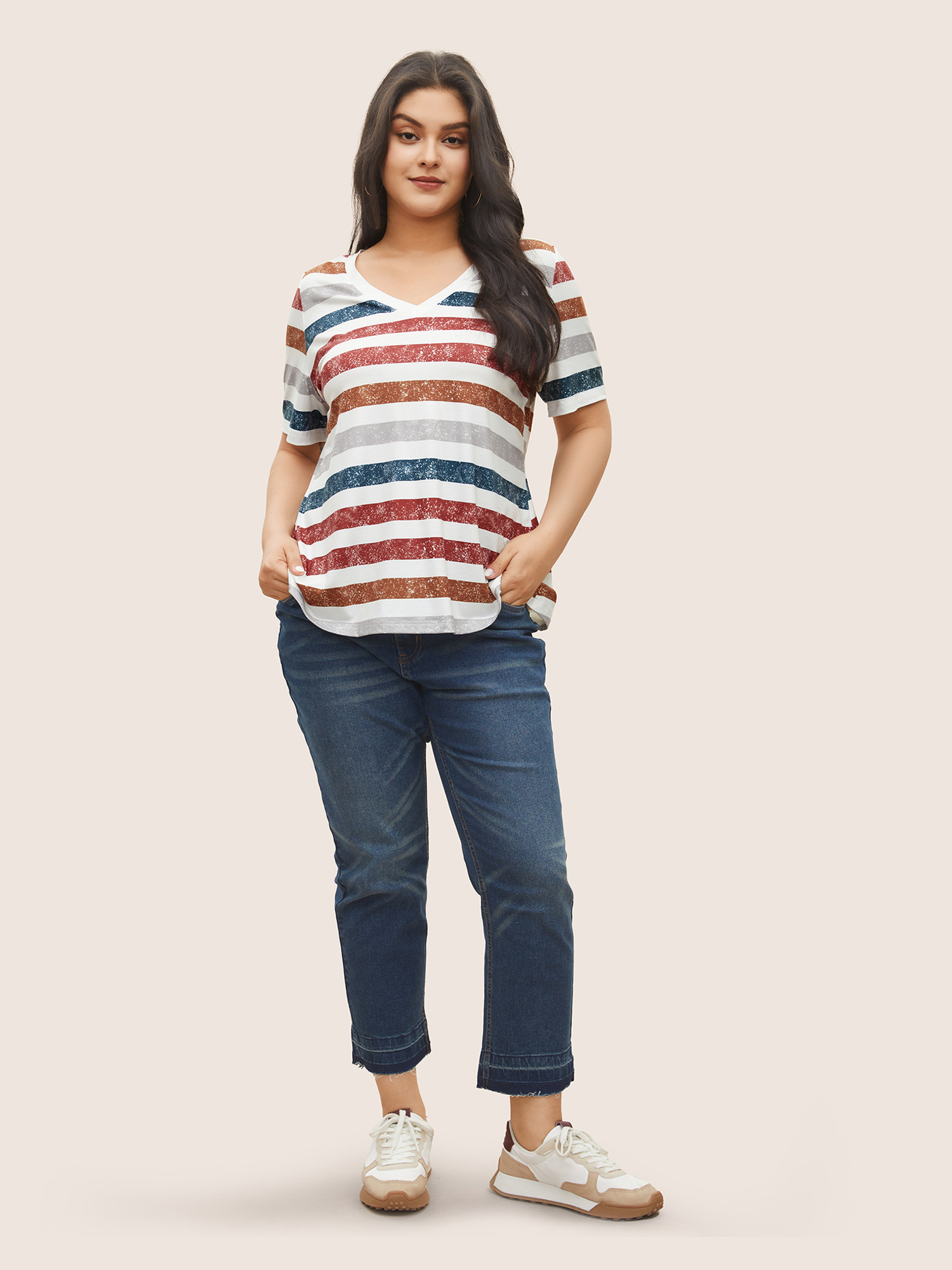 Plus Size Contrast Contrast V Neck T-shirt Multicolor Women Casual Contrast Striped V-neck Everyday T-shirts BloomChic 28/5X 