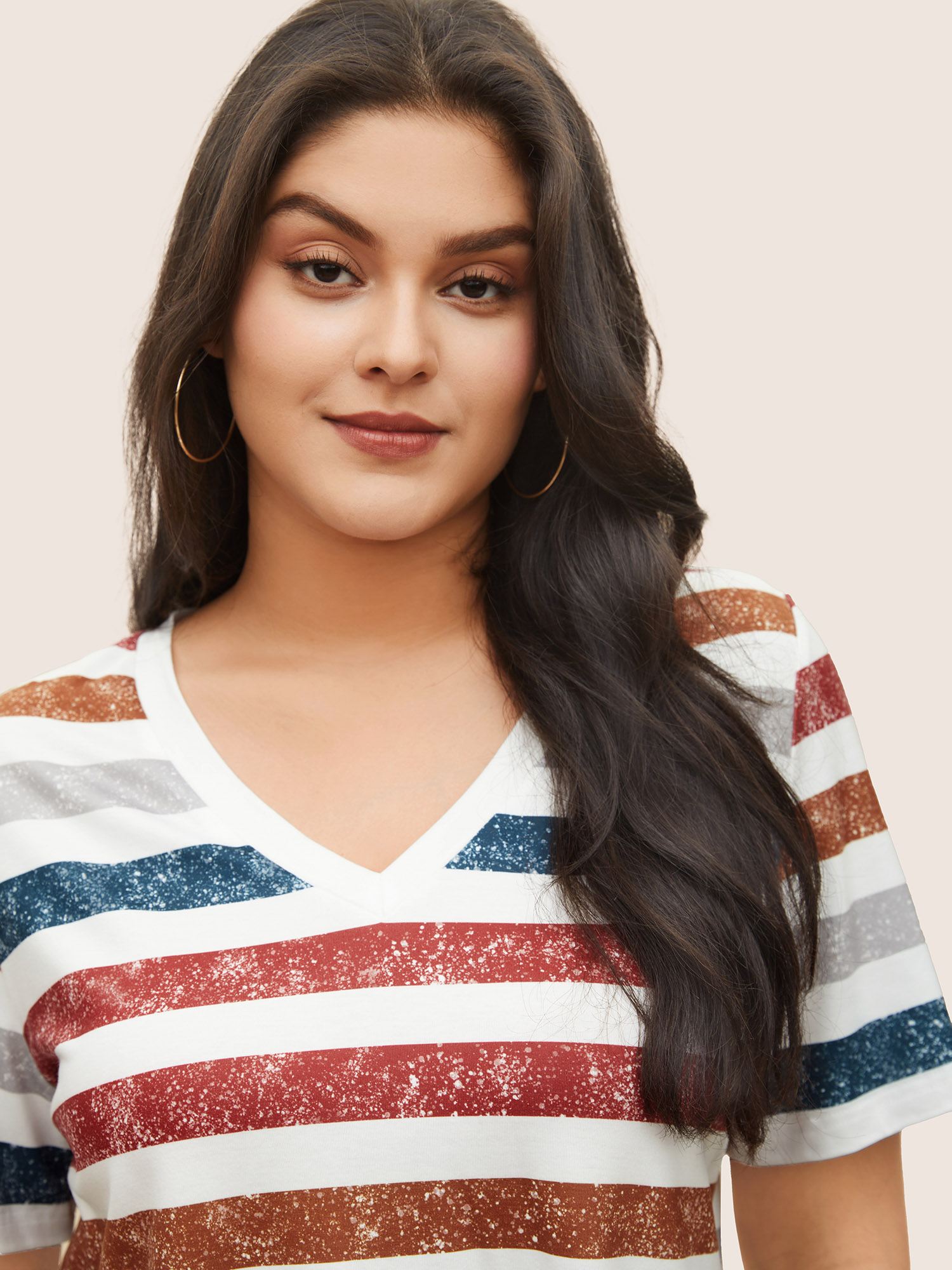 Plus Size Contrast Contrast V Neck T-shirt Multicolor Women Casual Contrast Striped V-neck Everyday T-shirts BloomChic 28/5X 