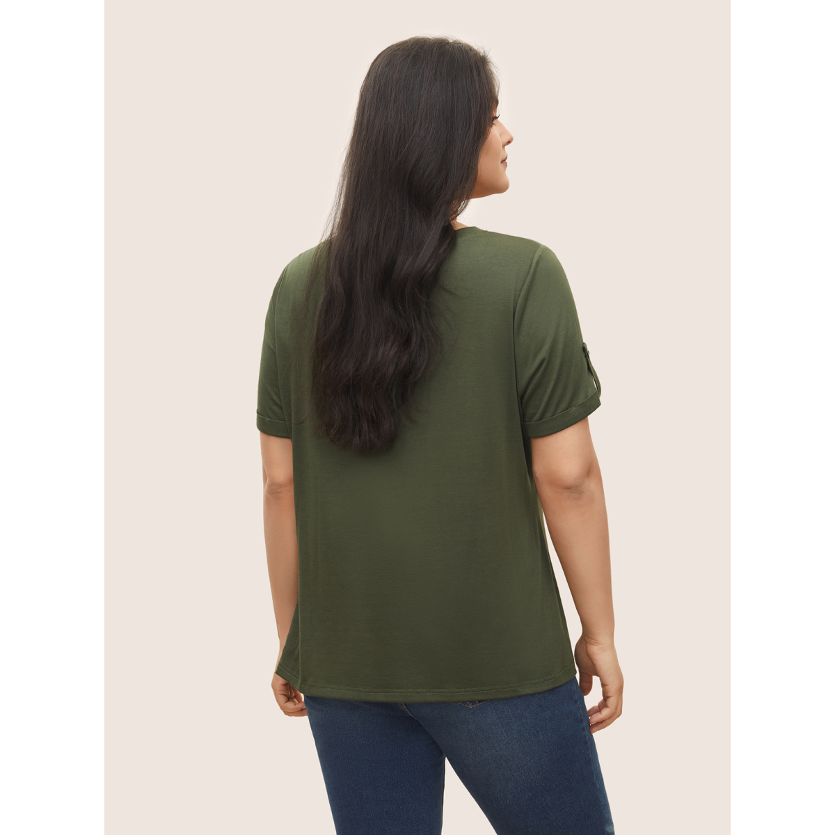 

Plus Size V Neck Solid Tab Sleeve T-shirt ArmyGreen Women Casual Roll Hem Plain V-neck Everyday T-shirts BloomChic