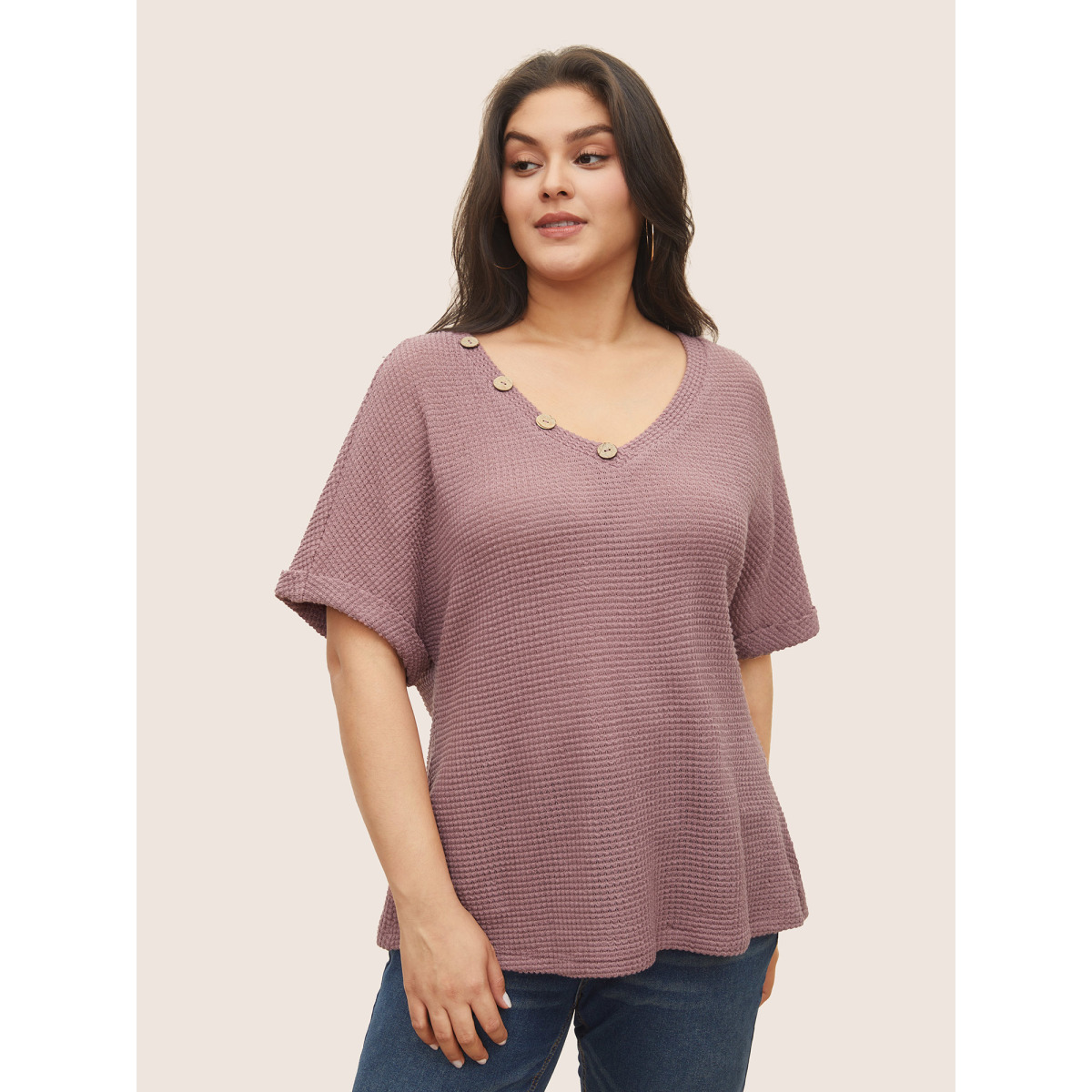 

Plus Size Plain Waffle Knit Button Detail Roll Sleeve T-shirt DustyPink Women Casual Texture Plain V-neck Everyday T-shirts BloomChic