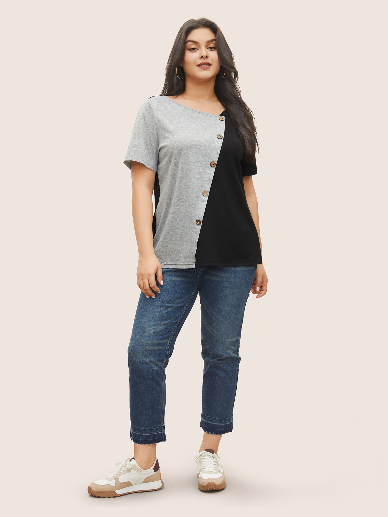 Plus Size Two Tone Button Detail Asymmetrical Neck T-shirt Black Women Casual Contrast Plain Asymmetrical Neck Everyday T-shirts BloomChic 10/M 