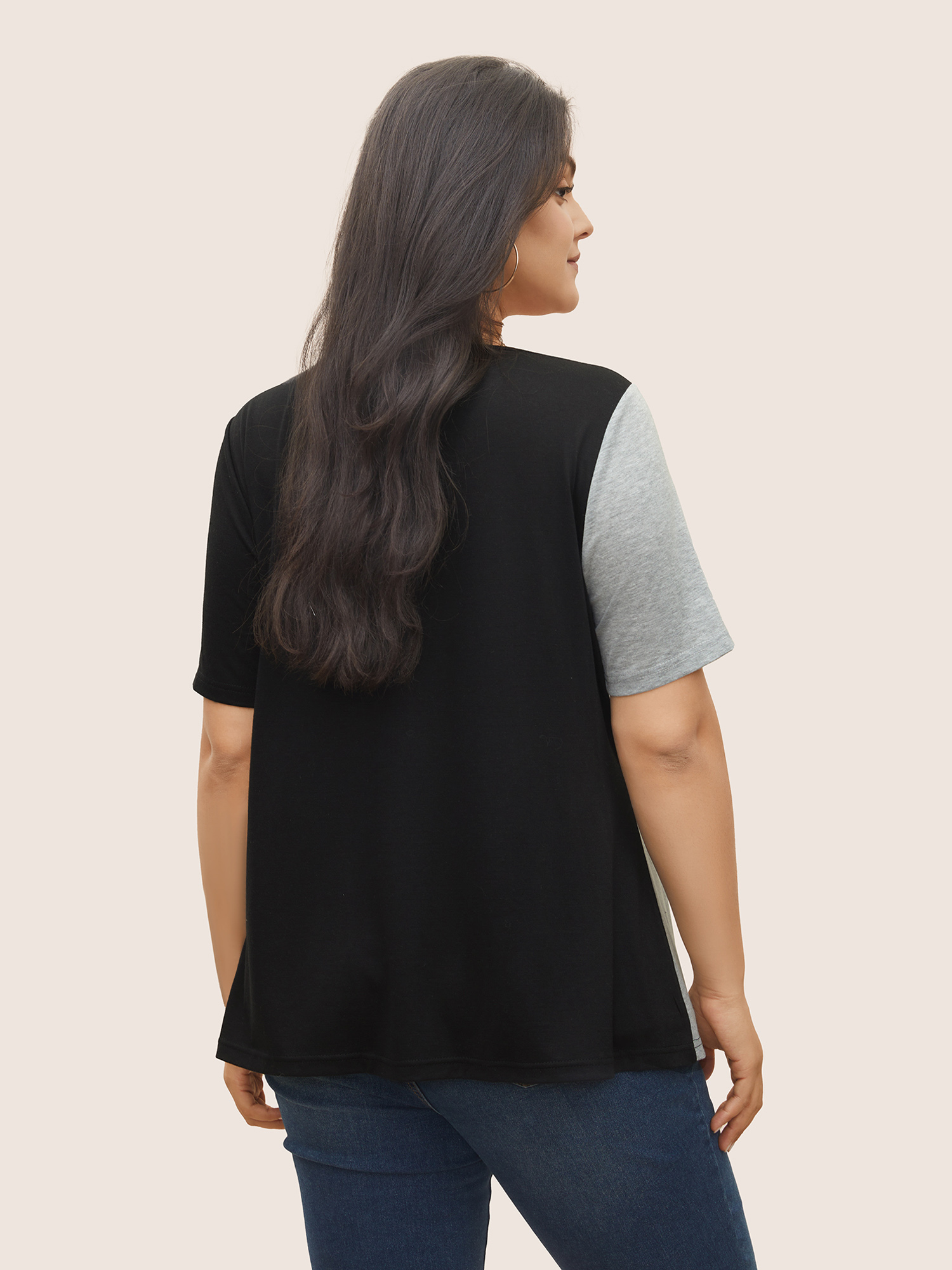 Plus Size Two Tone Button Detail Asymmetrical Neck T-shirt Black Women Casual Contrast Plain Asymmetrical Neck Everyday T-shirts BloomChic 10/M 