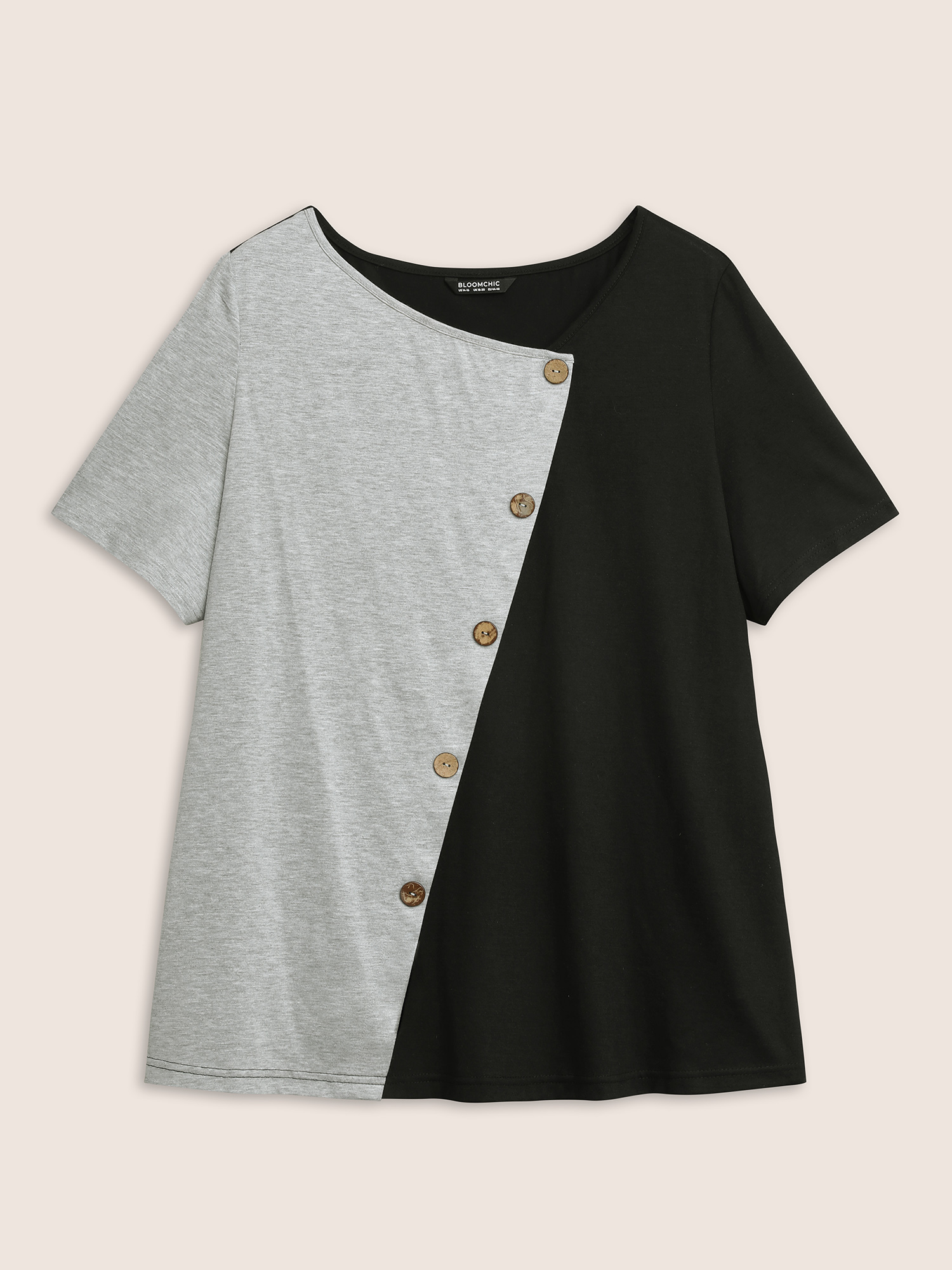 Plus Size Two Tone Button Detail Asymmetrical Neck T-shirt Black Women Casual Contrast Plain Asymmetrical Neck Everyday T-shirts BloomChic 10/M 