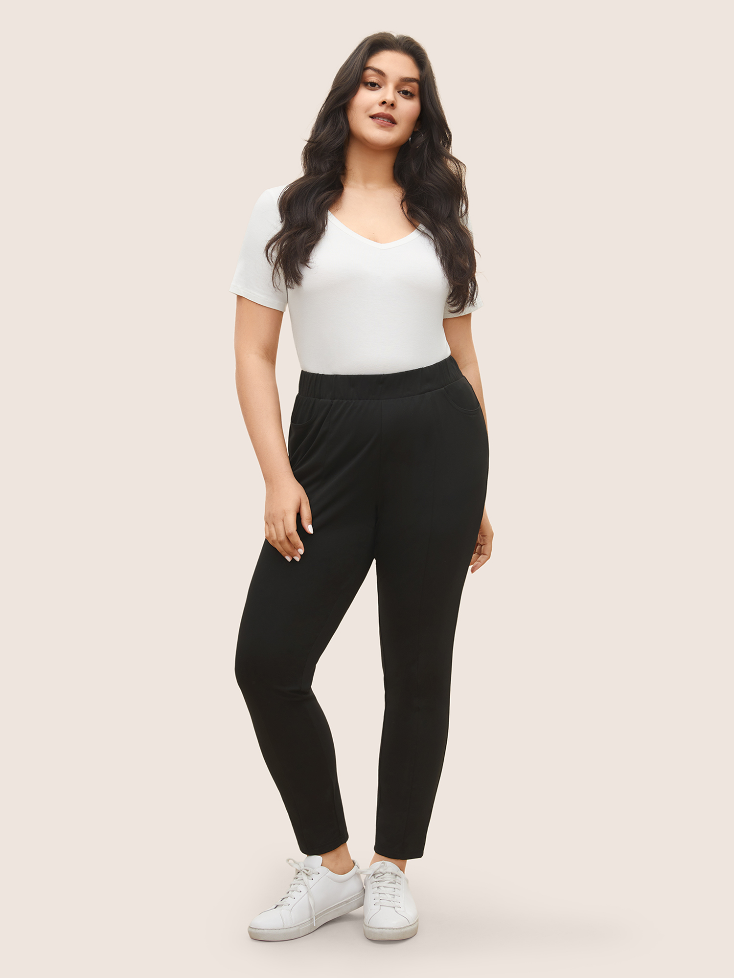 

Plus Size Plain Elastic Waist High Rise Slim Pants Women Black At the Office High Rise Work Pants BloomChic