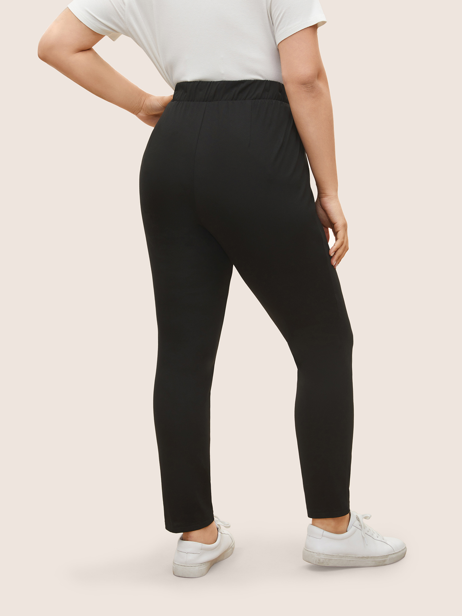 Plus Size Plain Elastic Waist High Rise Slim Pants Women Black At the Office High Rise Work Pants BloomChic 14-16/1X 