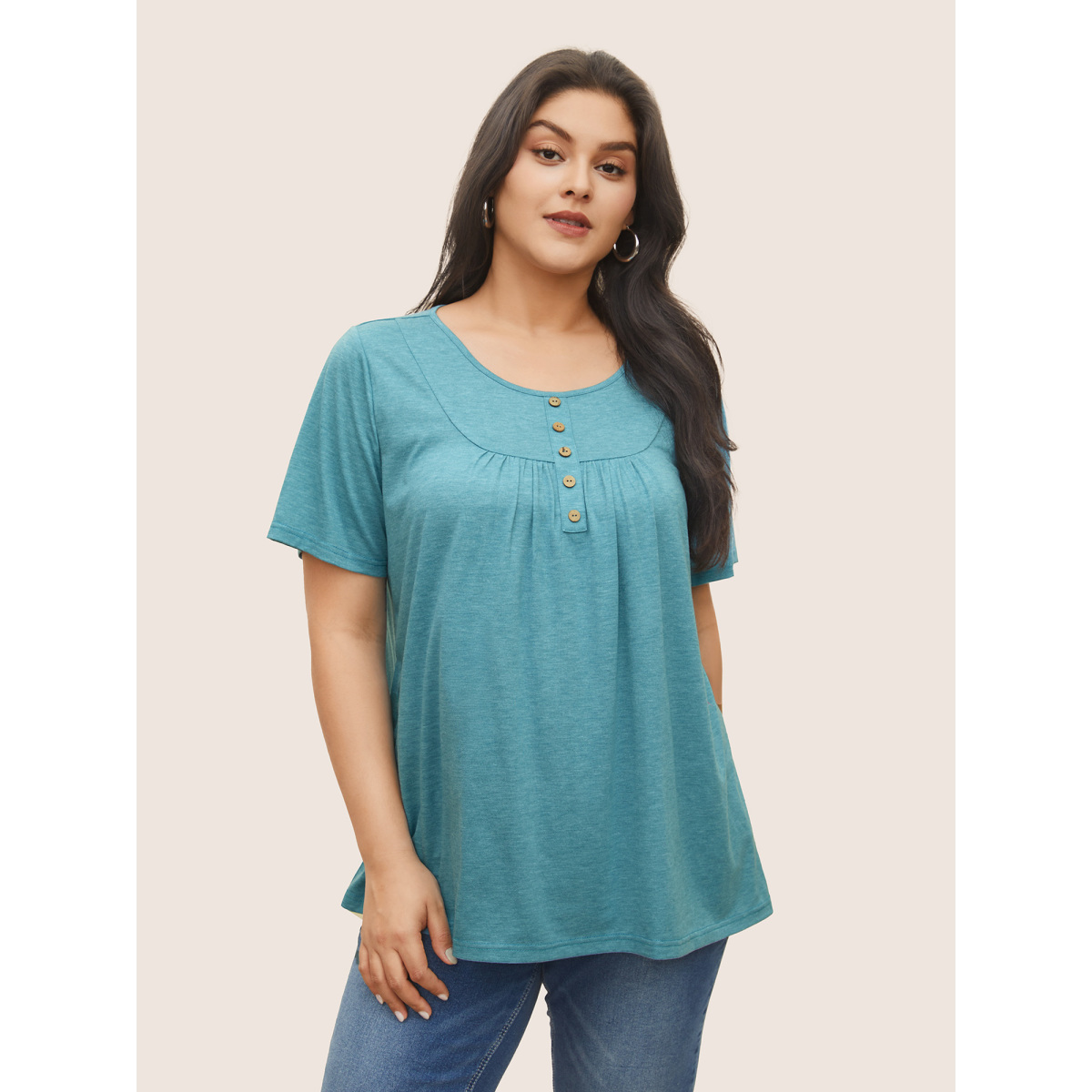 

Plus Size Solid Heather Button Detail Gathered T-shirt Turquoise Women Casual Button Plain U-neck Everyday T-shirts BloomChic
