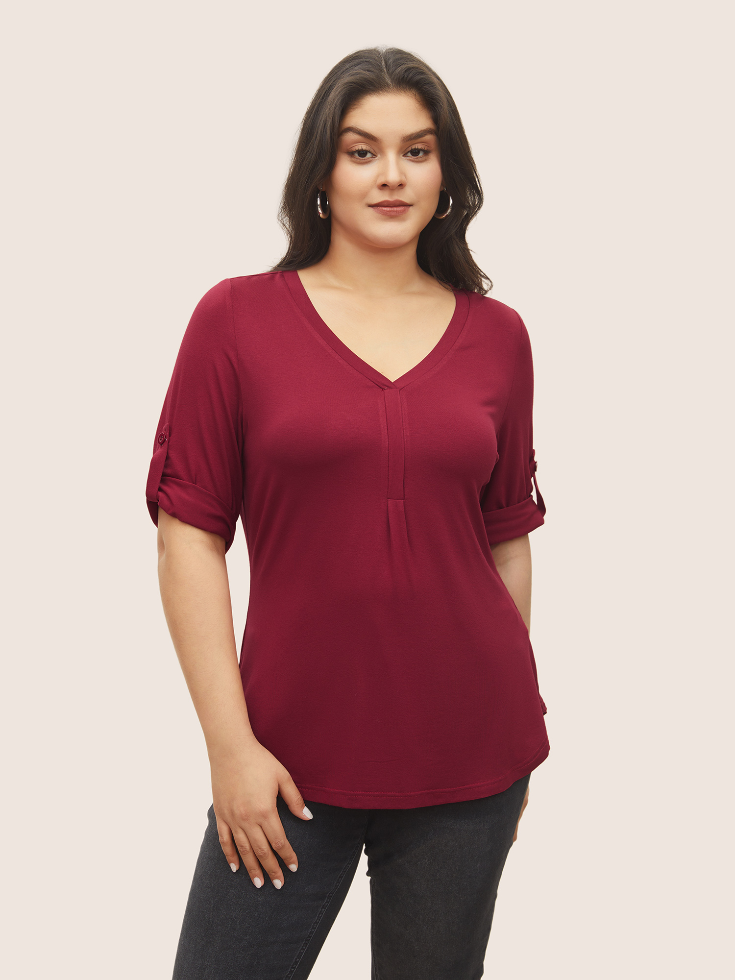 

Plus Size Supersoft Essentials Tab Sleeve Arc Hem T-shirt Raspberry Women Casual Non Plain V-neck Everyday T-shirts BloomChic