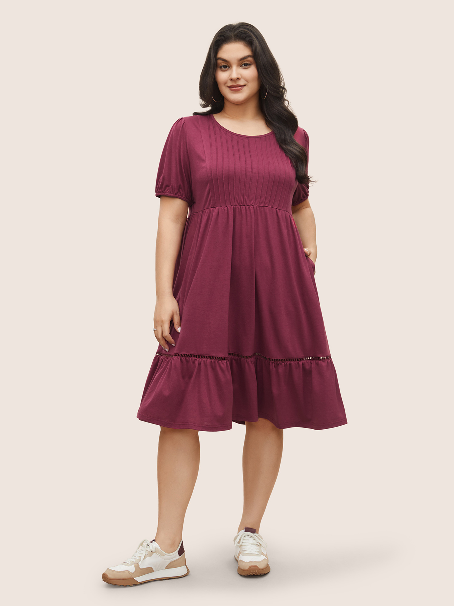 

Plus Size Supersoft Essentials Plain Pleated Patchwork Ruffle Hem Dress RedViolet Women Casual Non Round Neck Short sleeve Curvy Midi Dress BloomChic