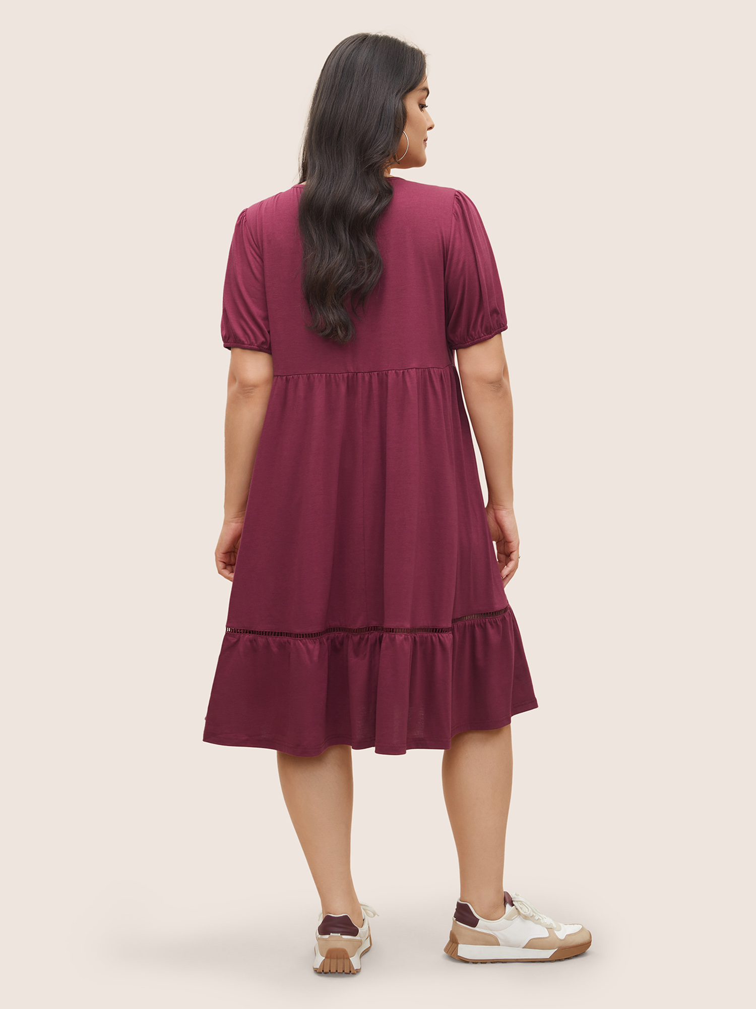 

Plus Size Supersoft Essentials Plain Pleated Patchwork Ruffle Hem Dress RedViolet Women Casual Non Round Neck Short sleeve Curvy Midi Dress BloomChic